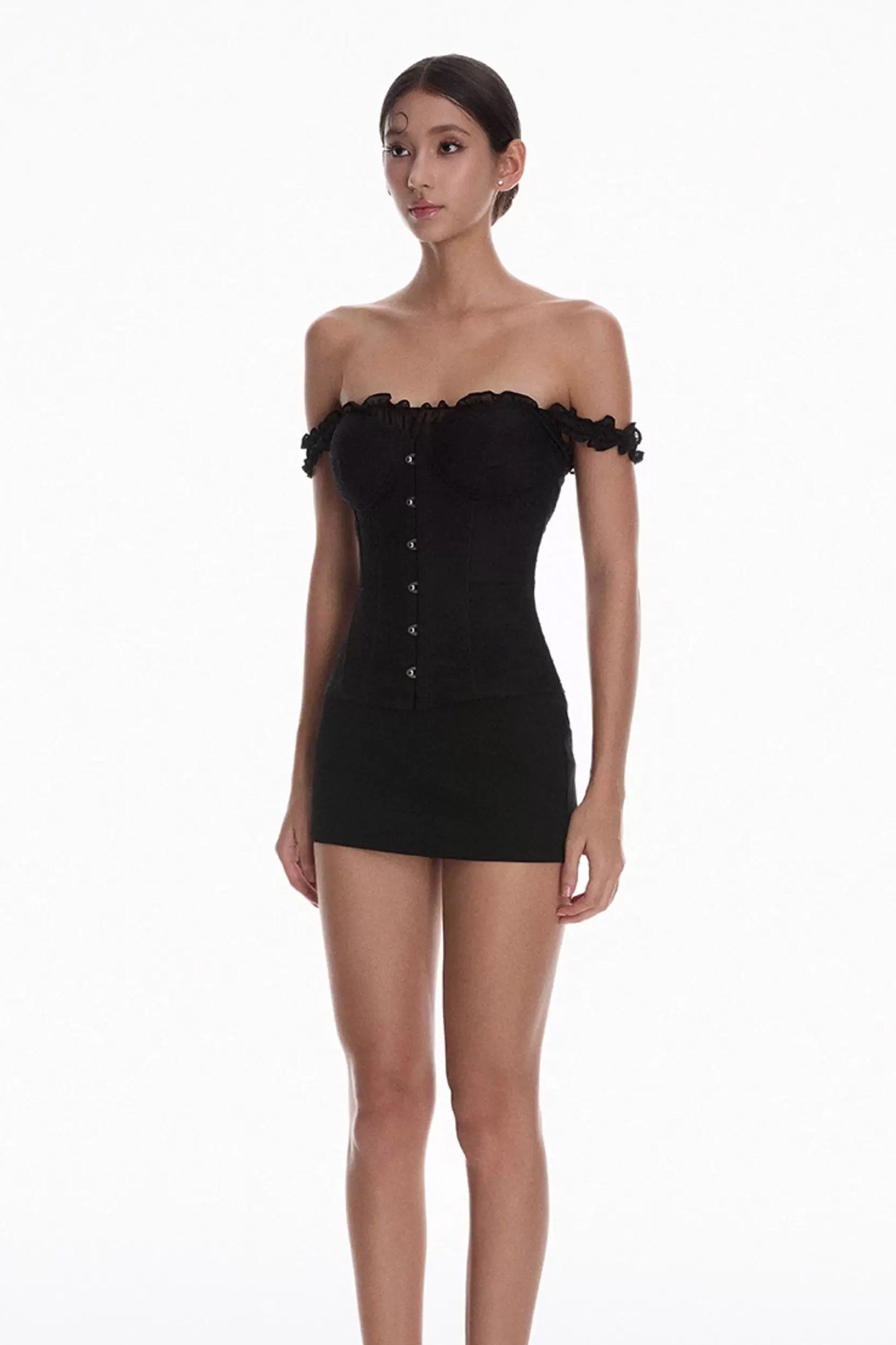 MILLIONLOTUS Ruffle Off-Shoulder Corset Top & Mini Skirt Set