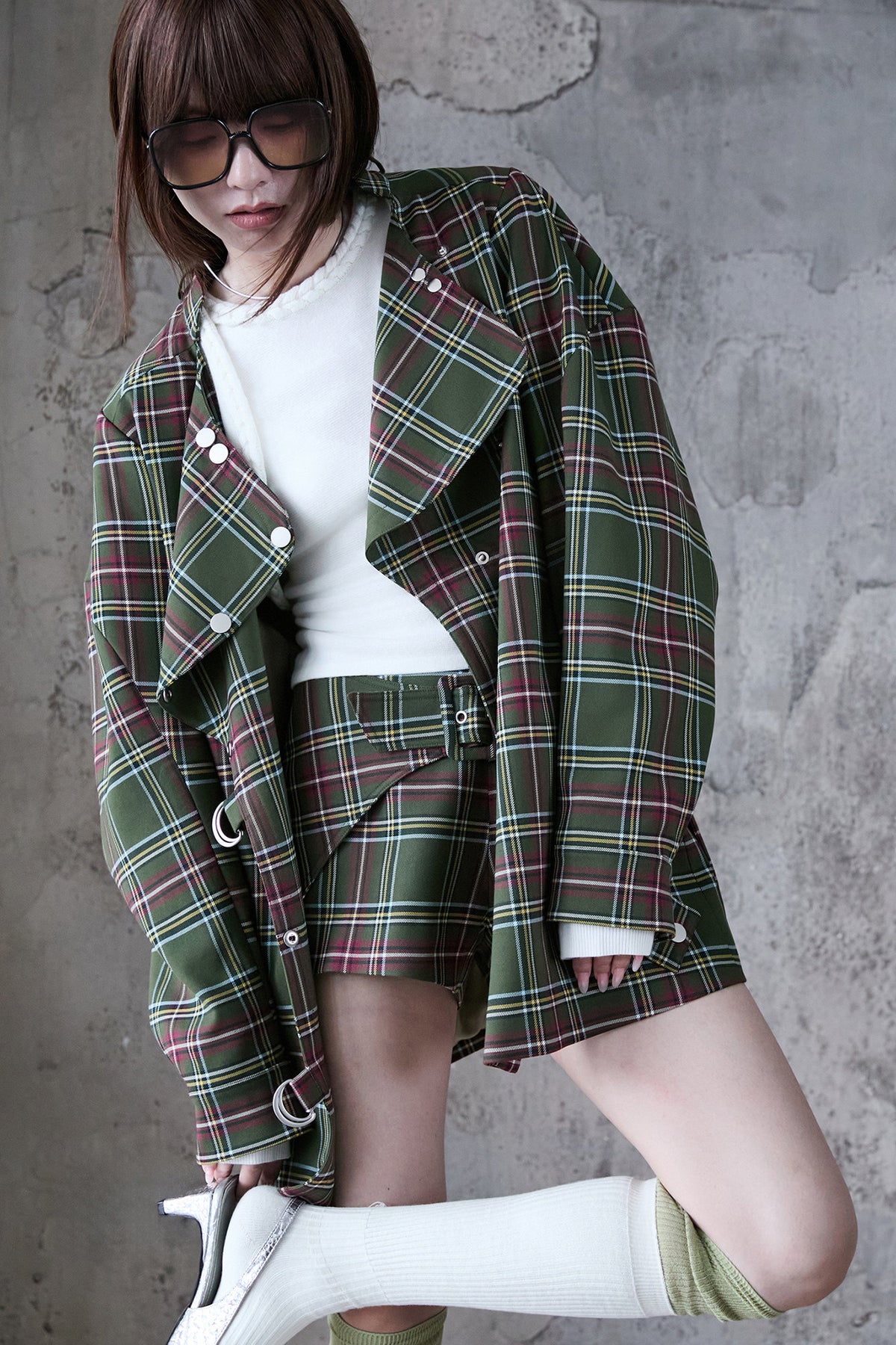 MXU Retro Plaid Deconstructed Trench Coat & Shorts Set