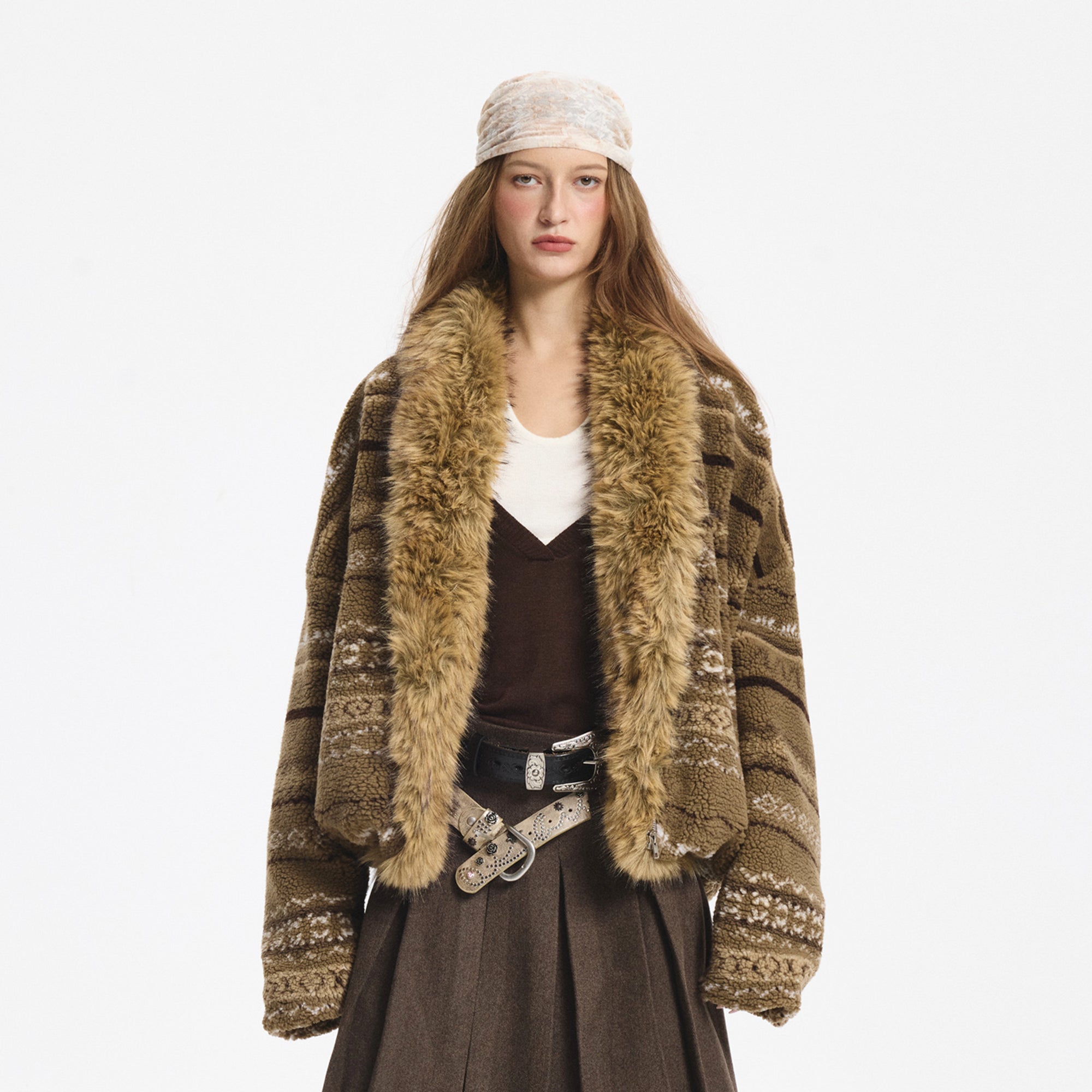 LEONSENSE Detachable Faux Fur Collar Fair Isle Jacket