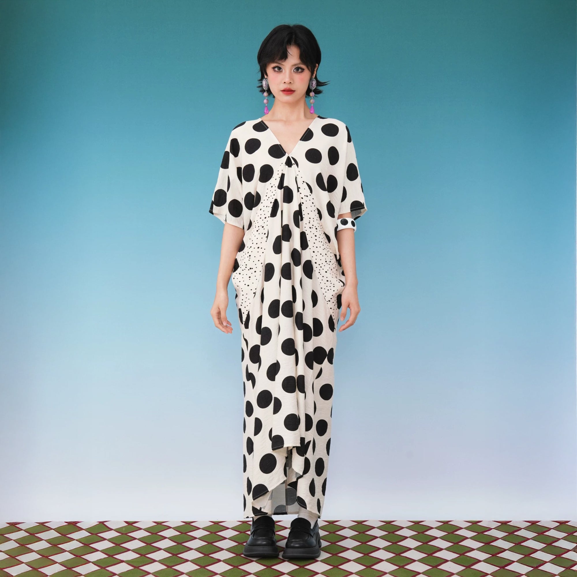 NOPMOB Spliced Polka Dot Draped Maxi Dress