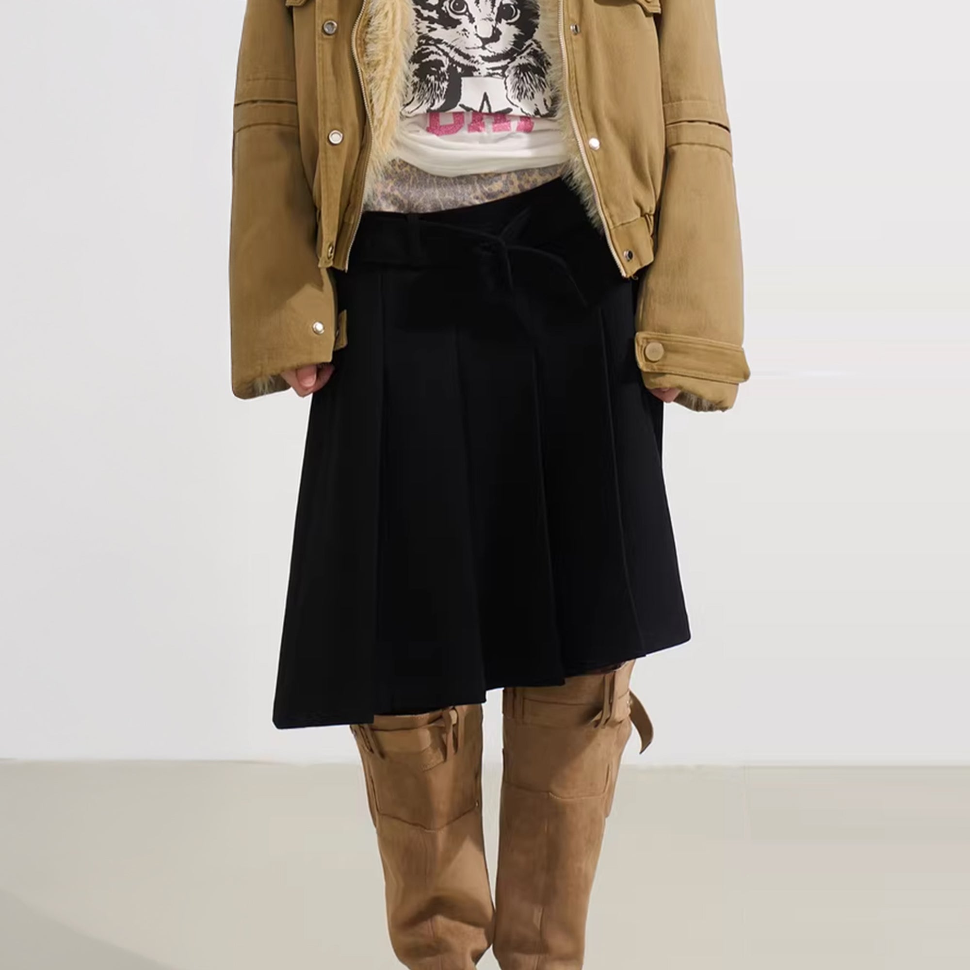 SOFITTE Leopard-Waist Belted Pleated Mini Skirt