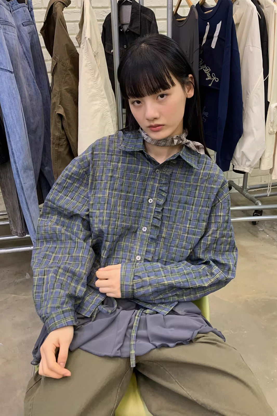 NEVERSEEZ Ruffle-Placket Seersucker Plaid Drawstring Shirt