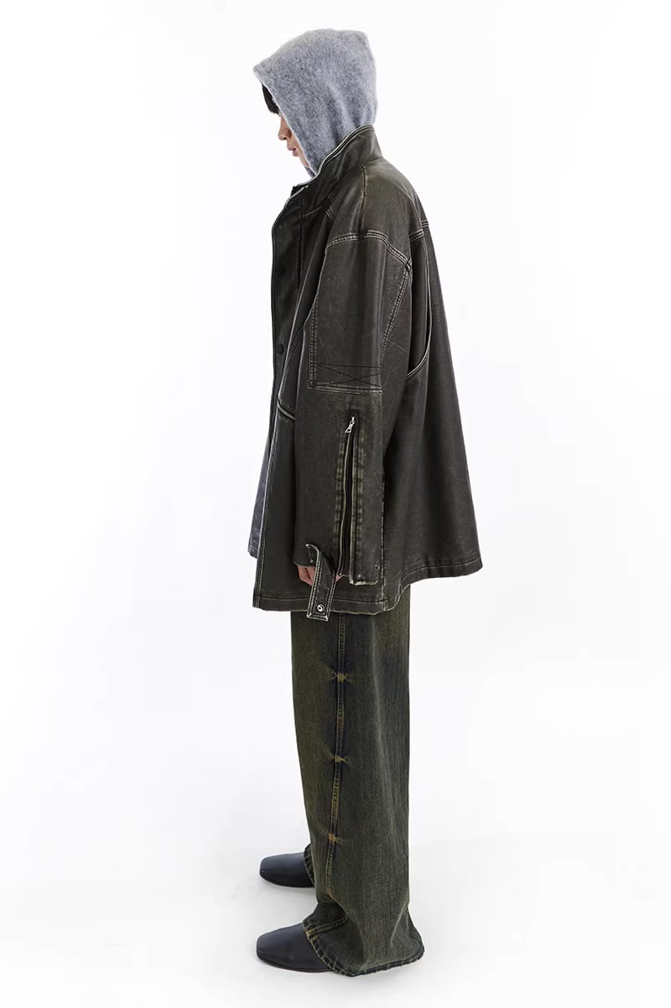 NEVERSEEZ Paneled Faux Leather Washed Utility Jacket