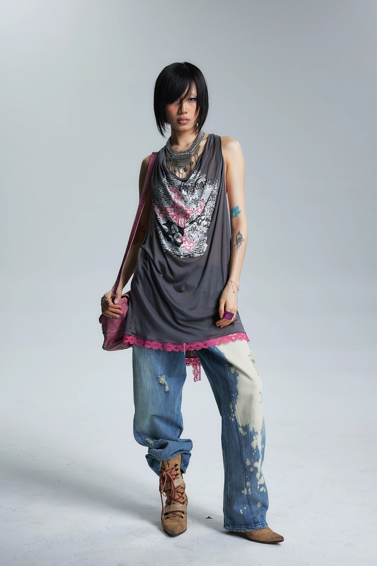 NONAME SPACE Backless Lace-Hem Longline Tank Top