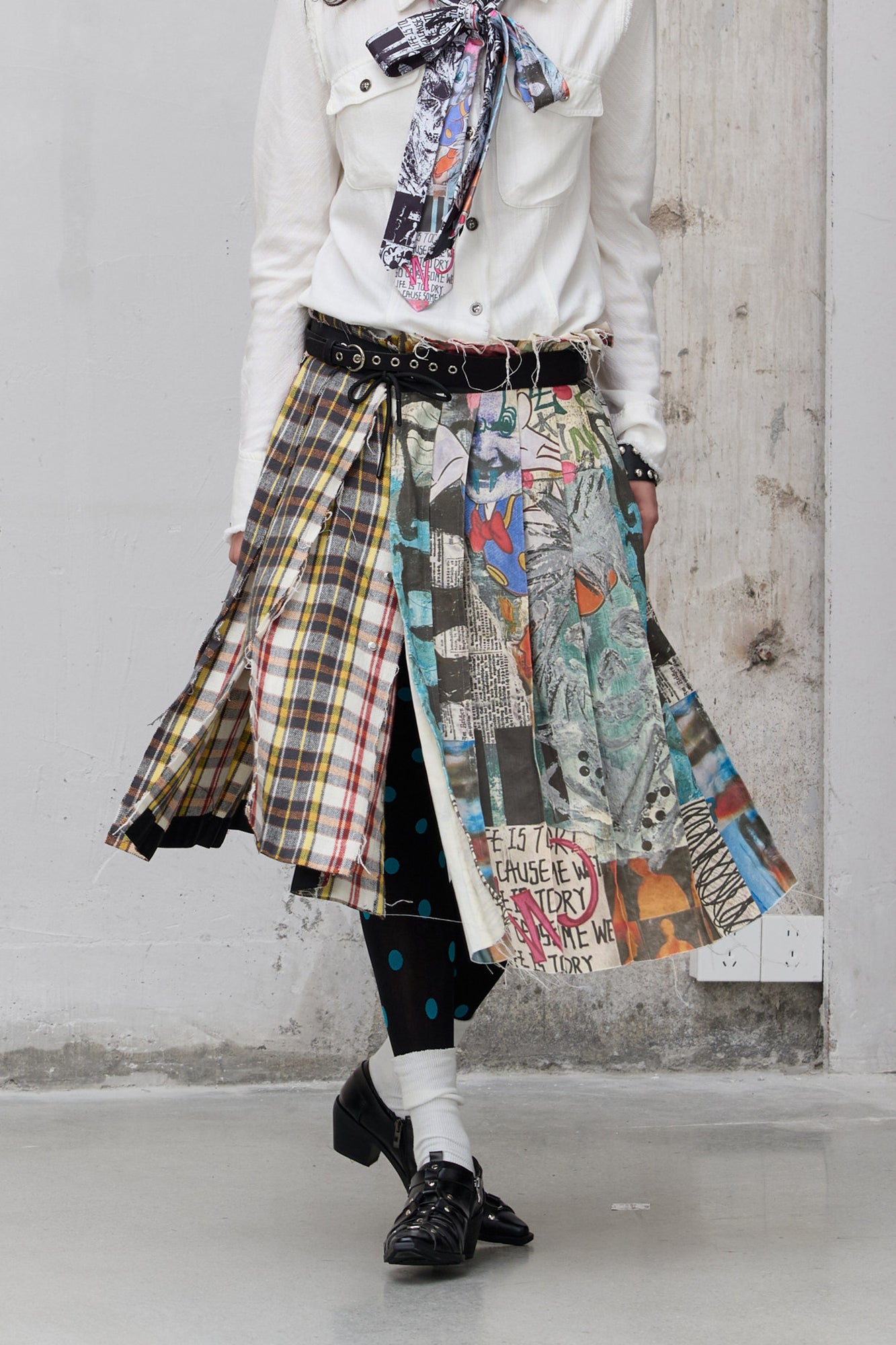 FULLTIDE Graffiti Raw-Edge Belted Plaid Wrap Skirt