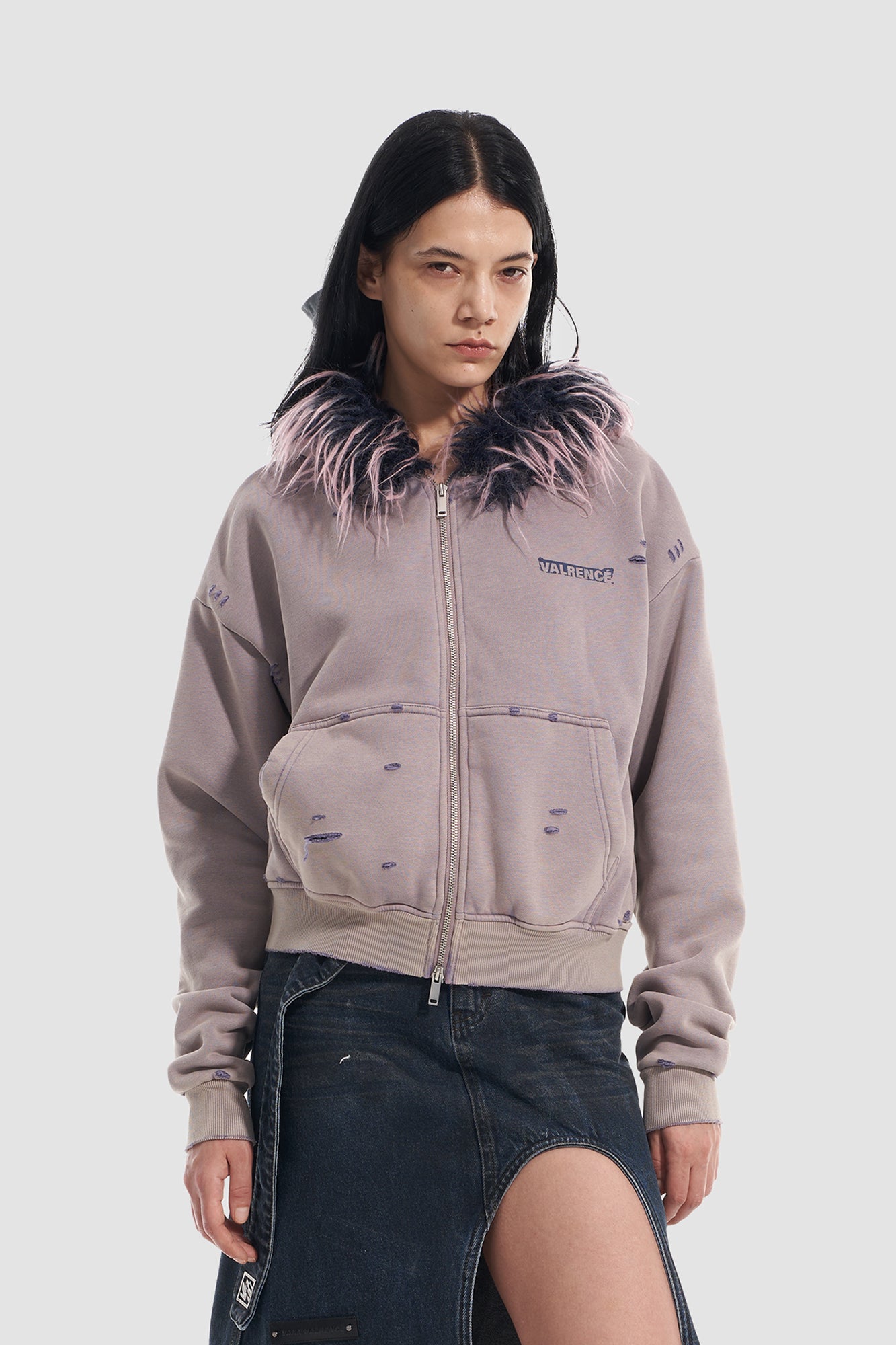 VANN VALRENCE Distressed Faux Fur Trim Zip Hoodie