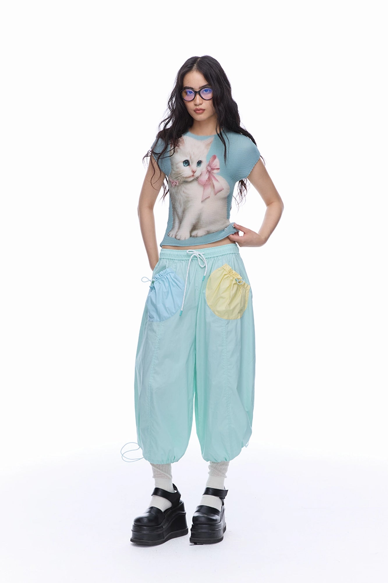 MOF Bow Kitten Graphic Pleated T-Shirt
