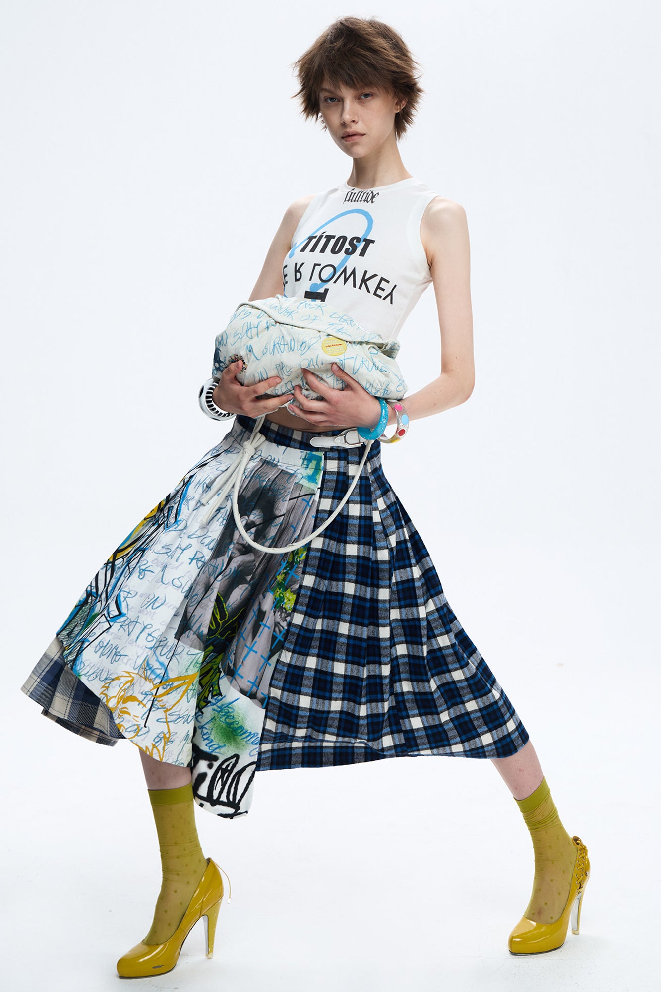 FULLTIDE Asymmetric Plaid Spliced Graffiti Skirt