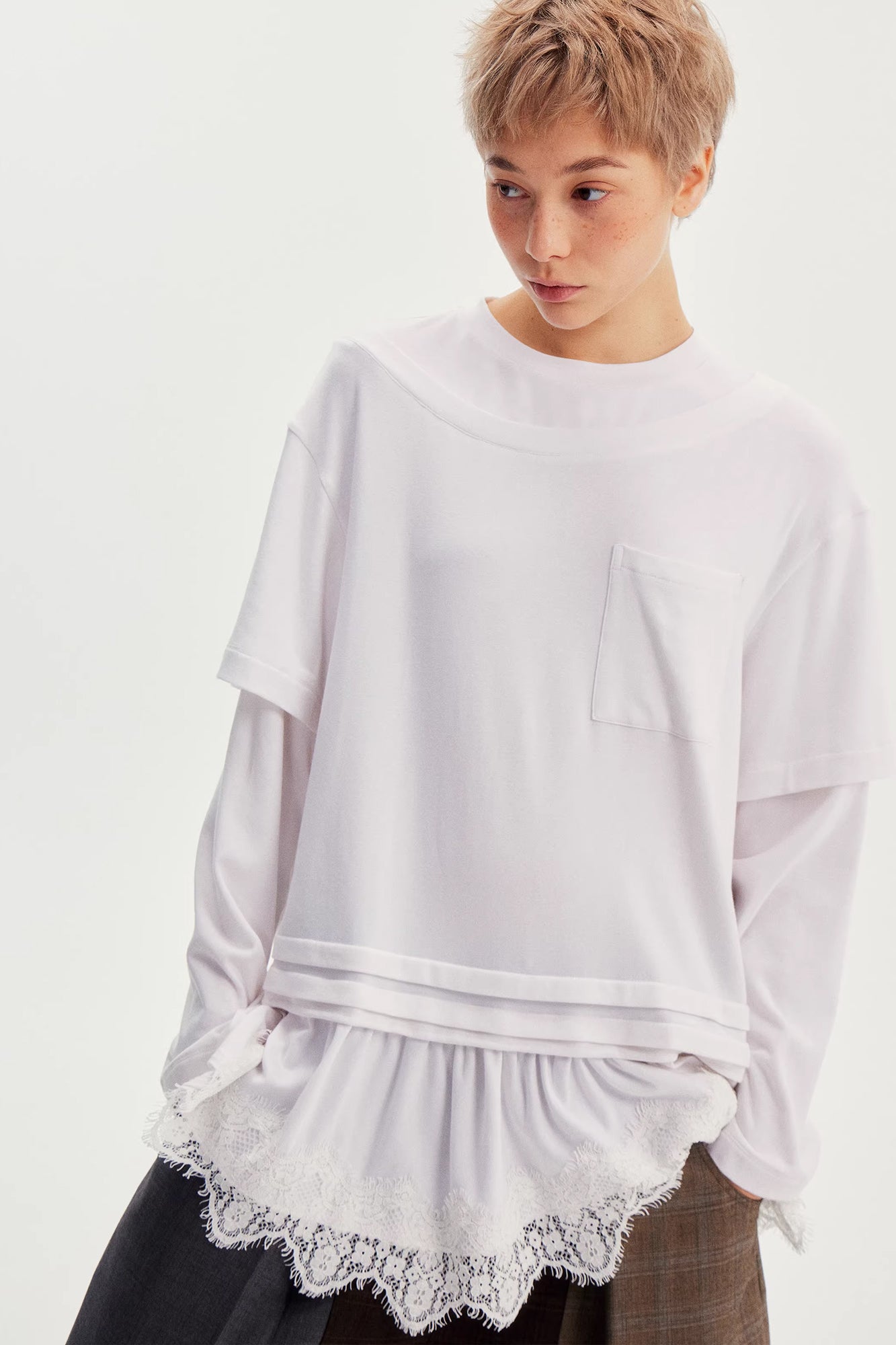 WII WIL Faux-Layer Lace-Hem Long-Sleeve Tee