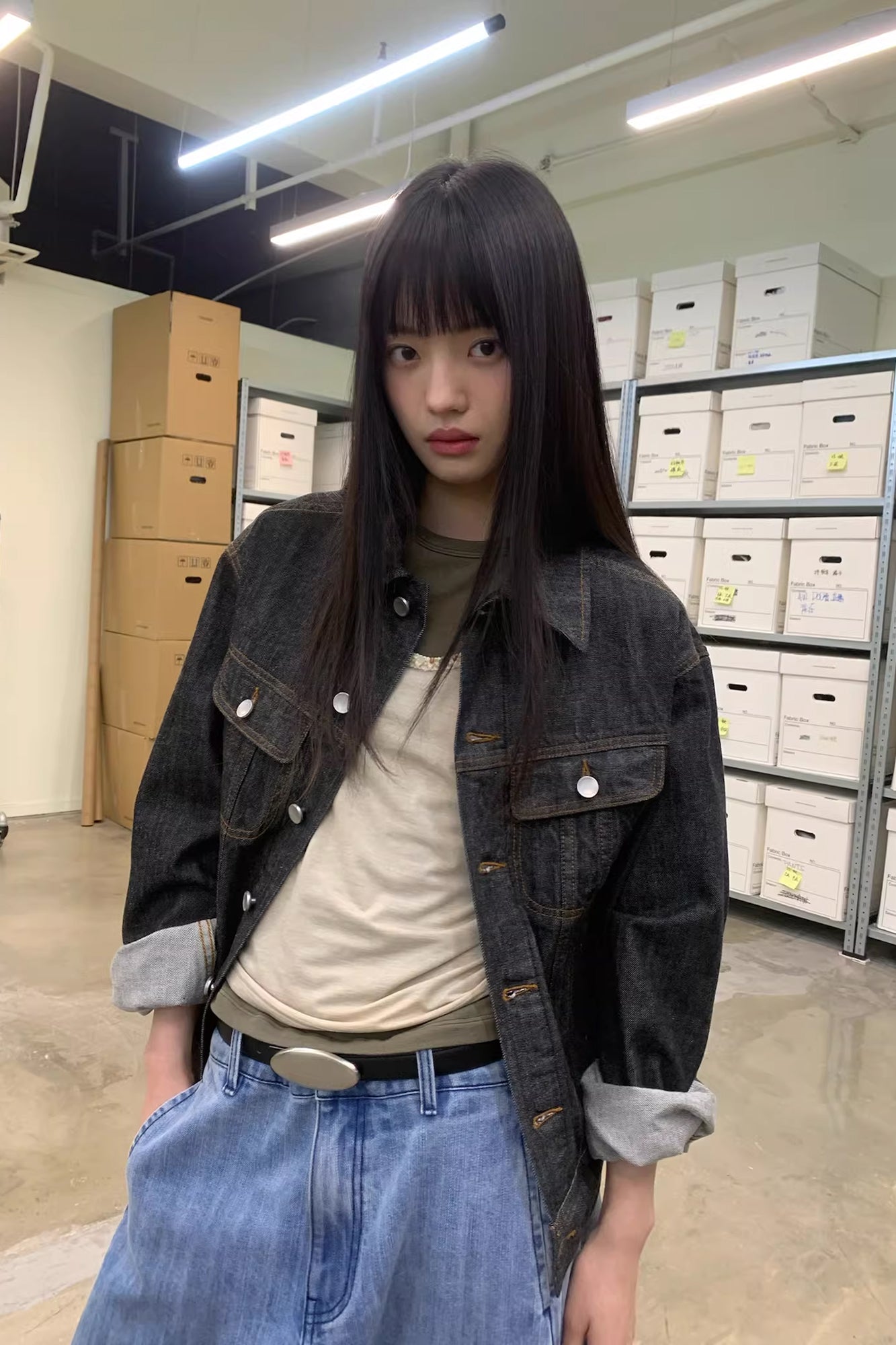 NEVERSEEZ Retro Waist-Tab Dark Denim Jacket