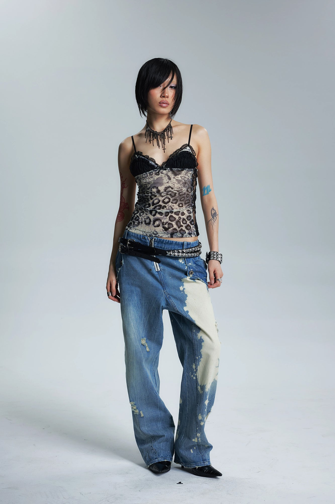 NONAME SPACE Leopard Lace-Trim Cami Top
