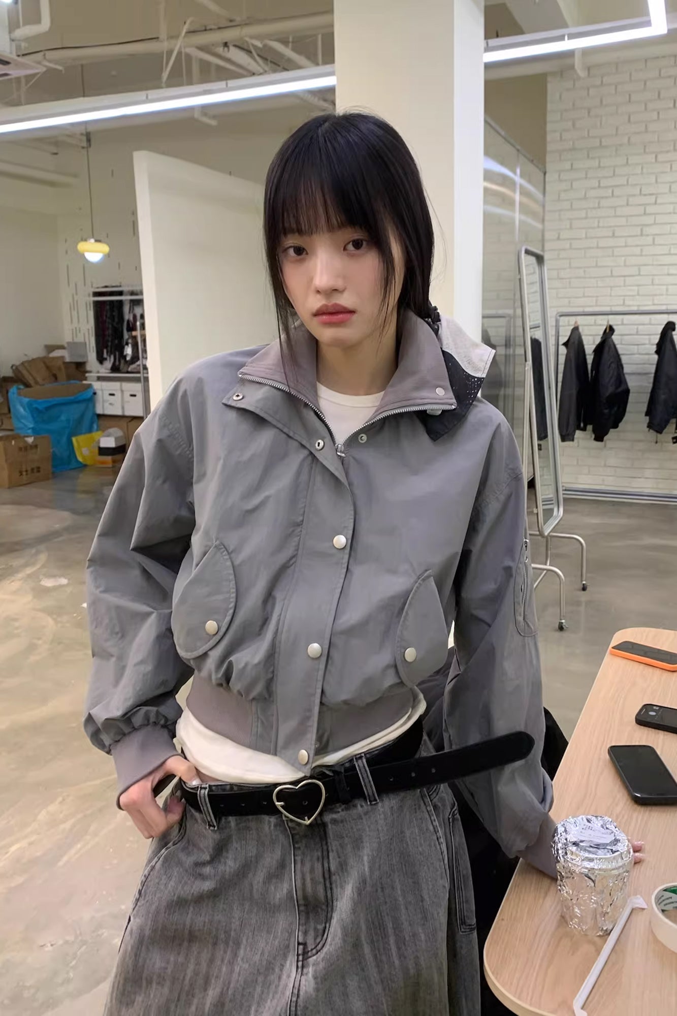 NEVERSEEZ Ruched-Back Cropped Bomber Jacket