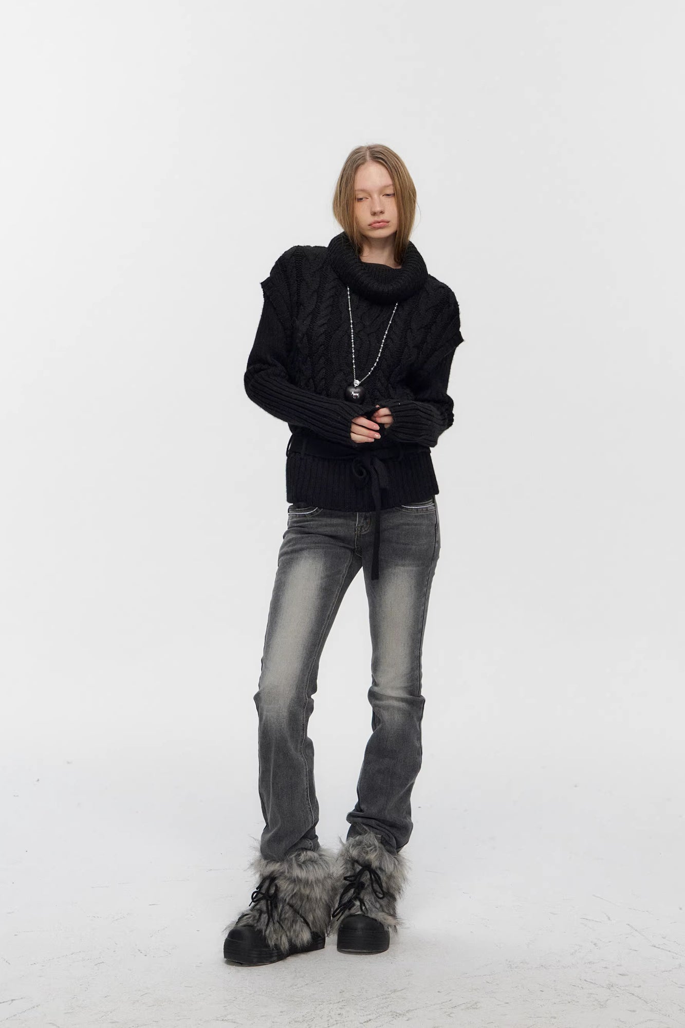 10AMSOTIIIIIIRED Spliced Cable-Knit Wool-Blend Belted Sweater