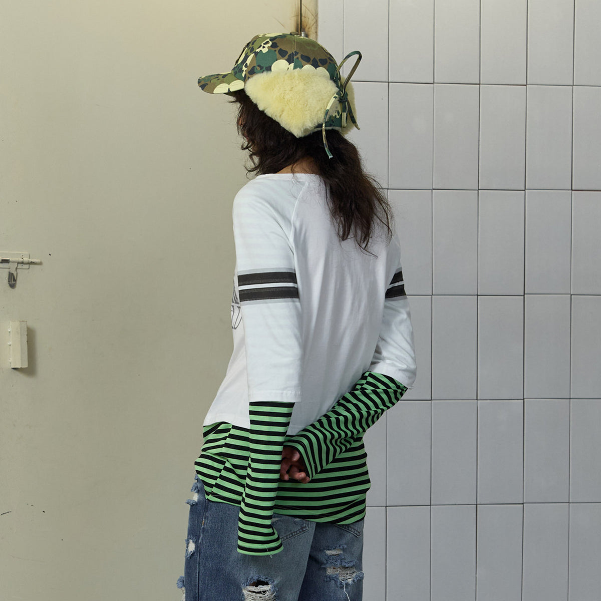 FULLTIDE Graffiti Spliced Stripe Layered Long-Sleeve Tee
