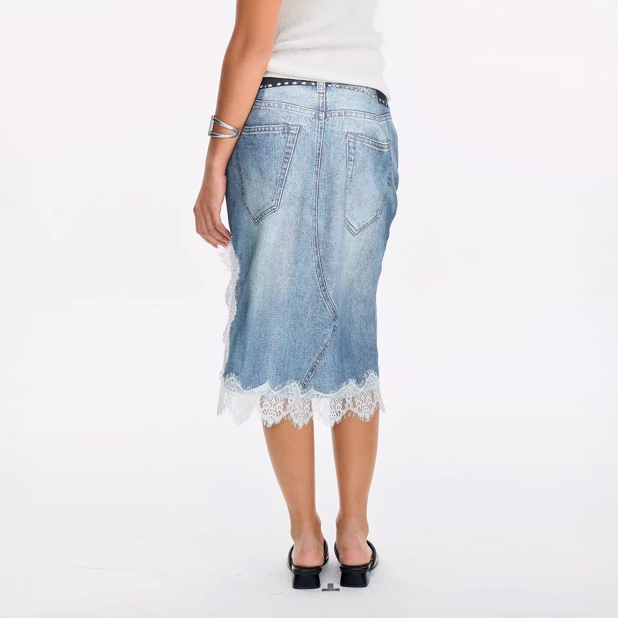 LEONSENSE Denim Full-Print Lace-Splice Slit Skirt
