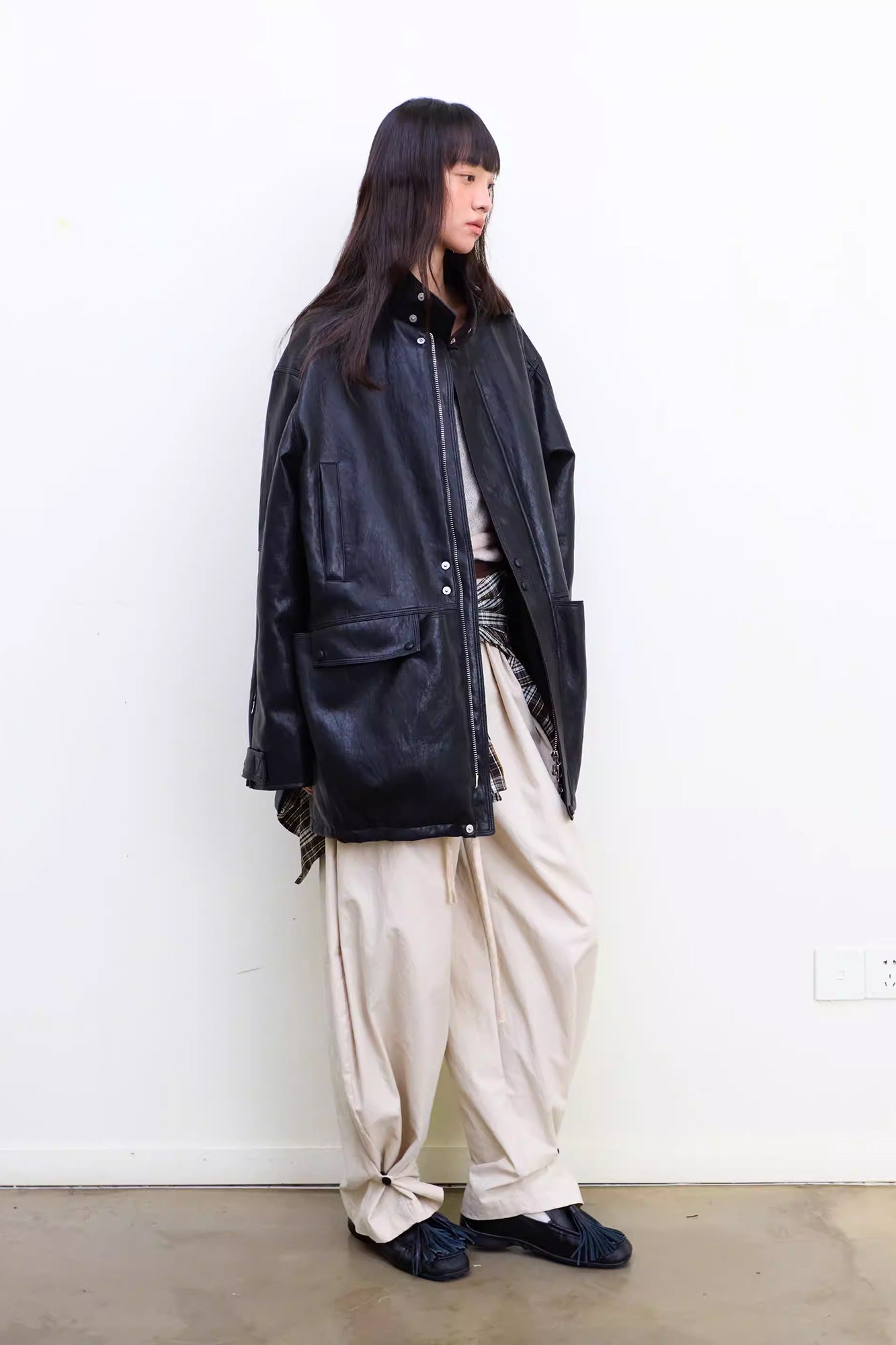 NEVERSEEZ Quilted Faux Leather Stand-Collar Utility Jacket