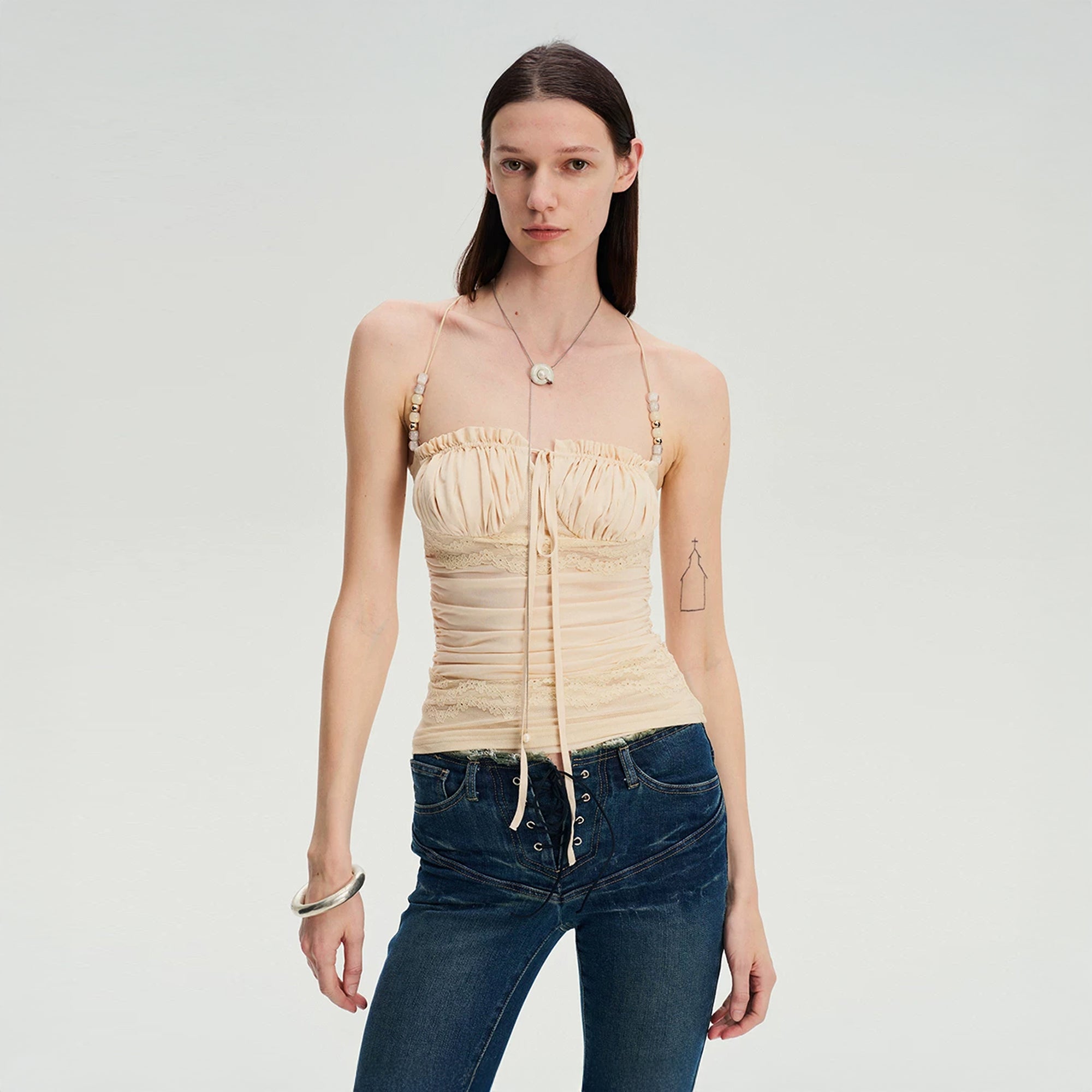 DOTYEARS Beaded Strap Lace Ruched Cami Top