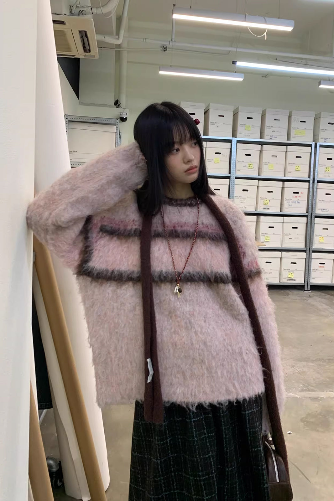 NEVERSEEZ Contrast Stripe Fuzzy Sweater