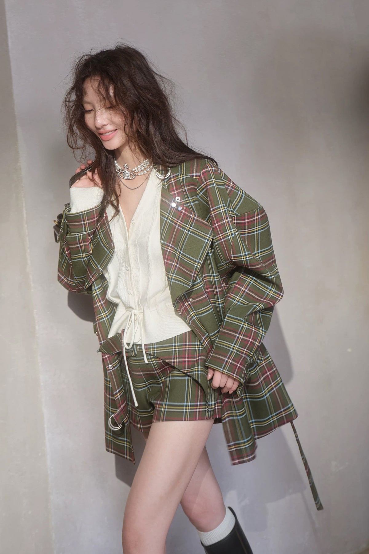 MXU Retro Plaid Deconstructed Trench Coat & Shorts Set