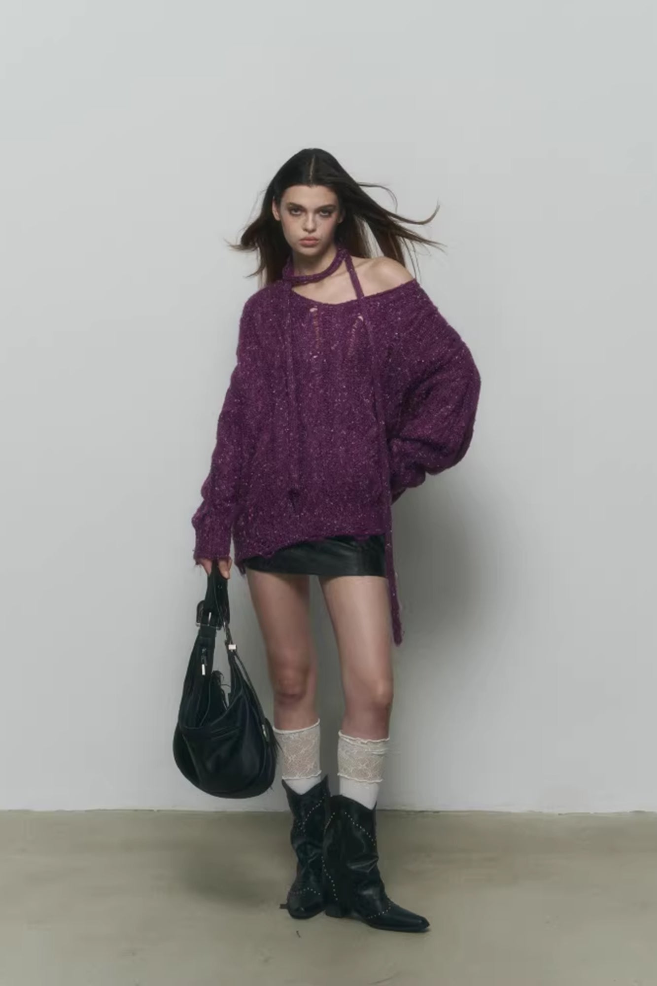 10AMSOTIIIIIIRED Distressed Sequin Open-Knit Sweater