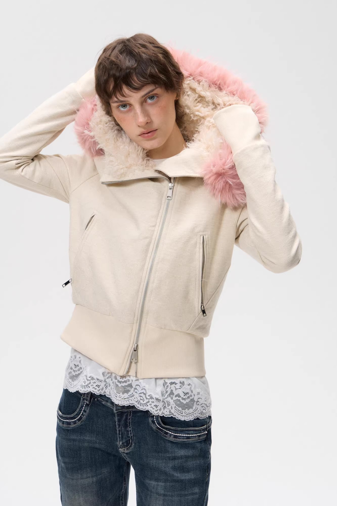 10AMSOTIIIIIIRED Sherpa-Lined Faux Fur Hooded Bomber Jacket