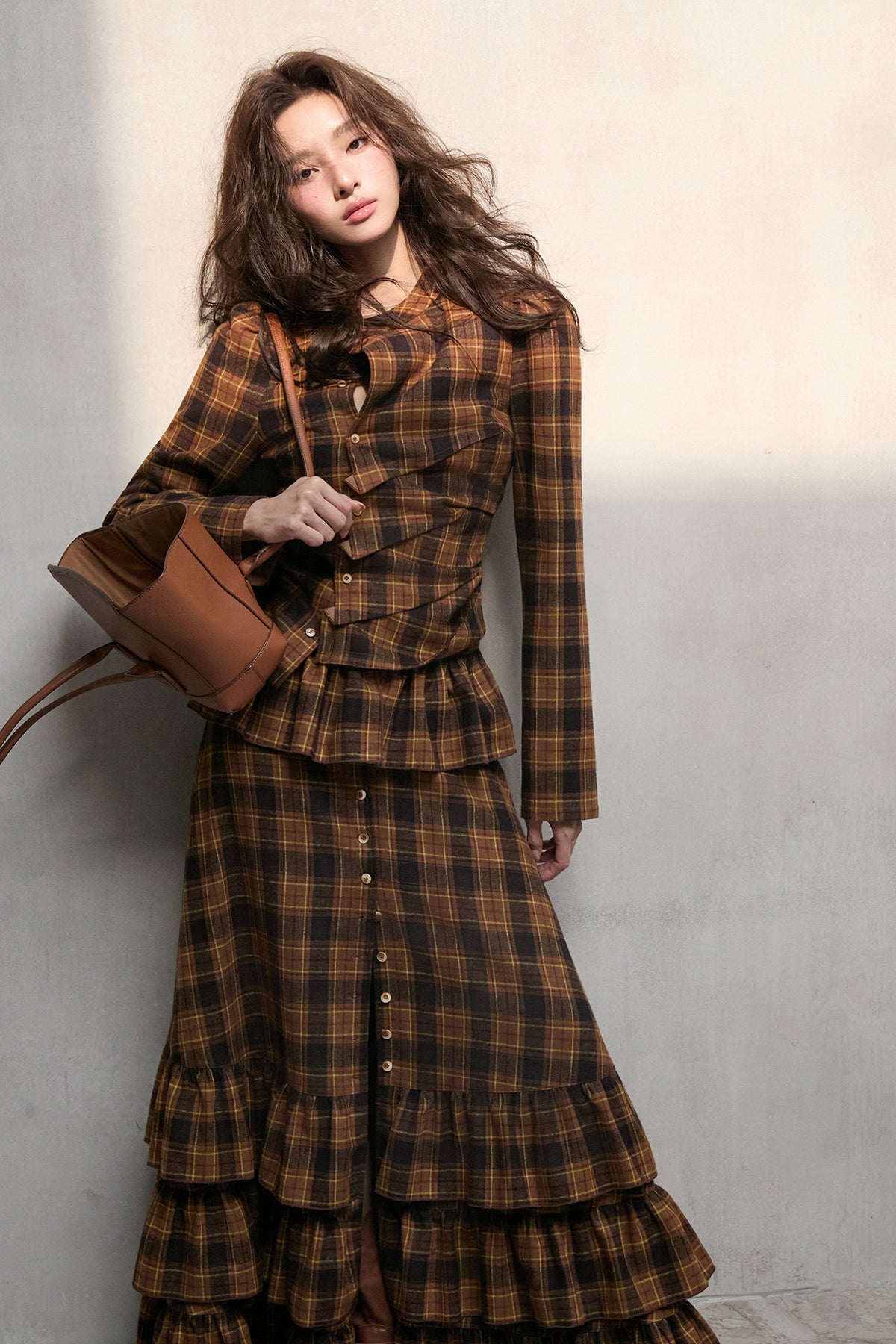 MXU Retro Plaid Pleated Shirt & Tiered Ruffle Maxi Skirt Set