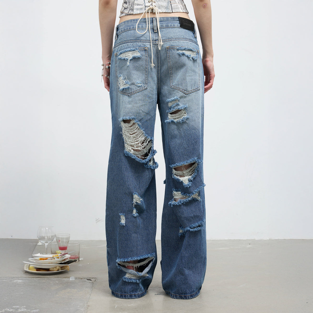 FULLTIDE Distressed Washed Wide-Leg Jeans