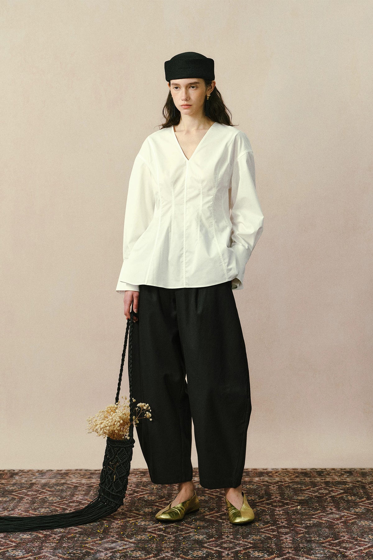 YUANYE Cinched-Waist V-Neck Bamboo-Blend Blouse
