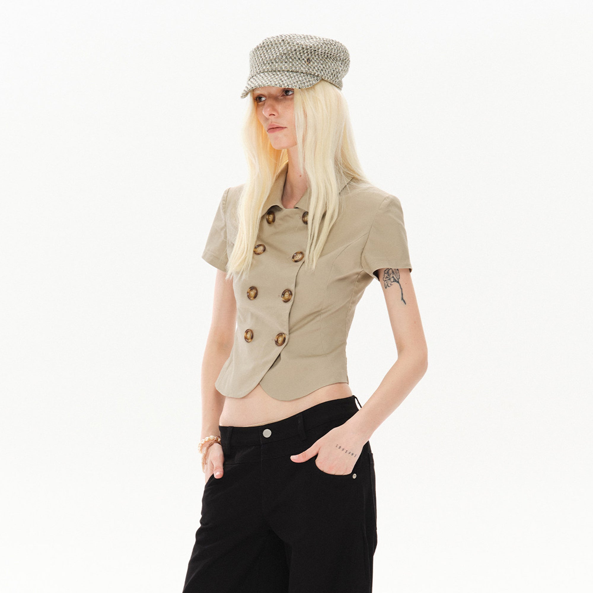 COSTUSTOOT Double-Breasted Cropped Half Shirt