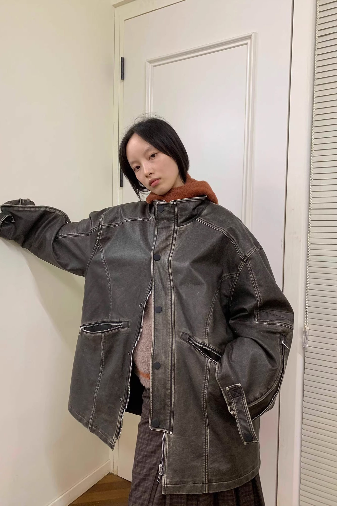 NEVERSEEZ Paneled Faux Leather Washed Utility Jacket