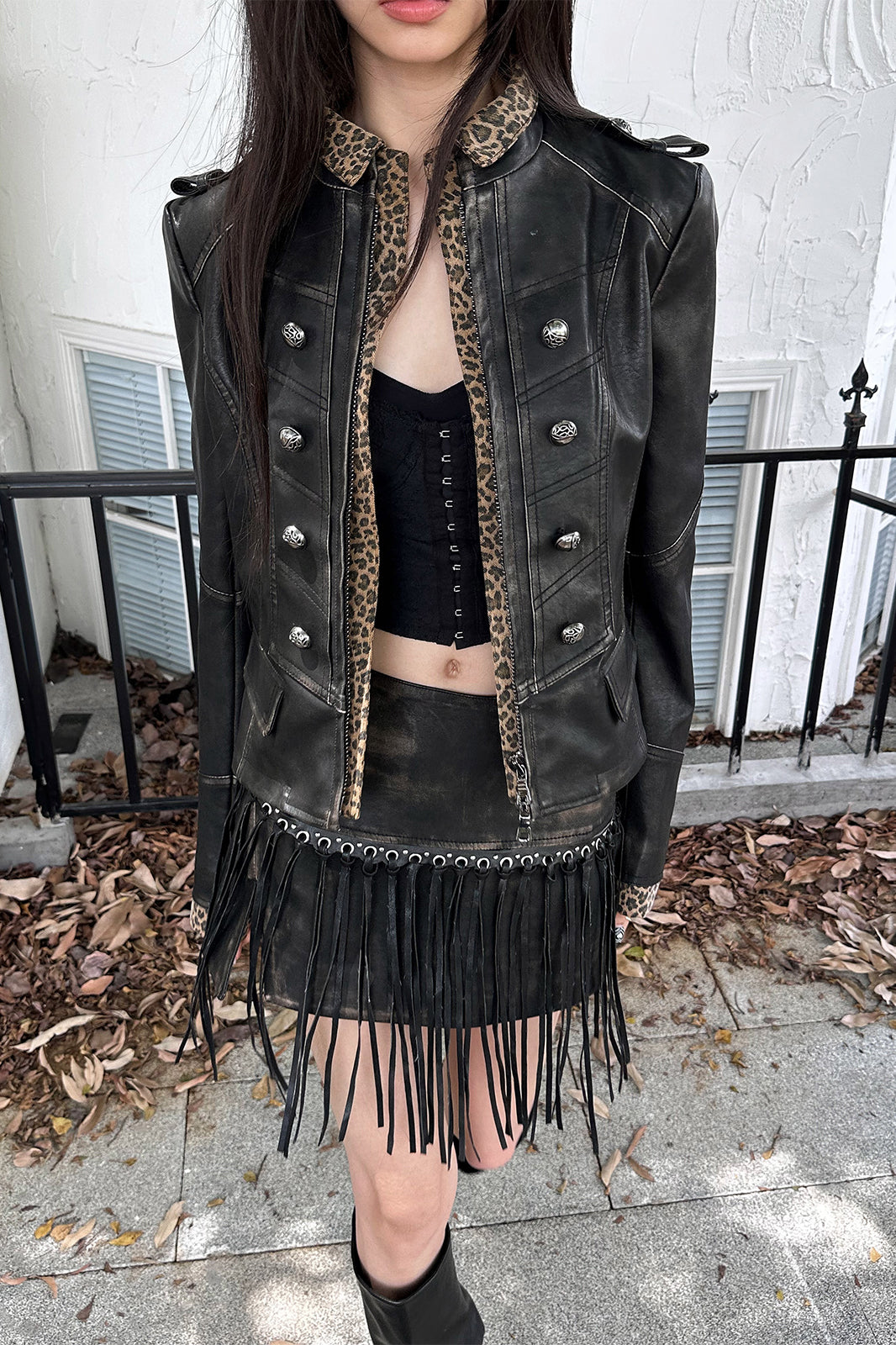 FULLTIDE Retro Spliced Leopard Faux Leather Jacket