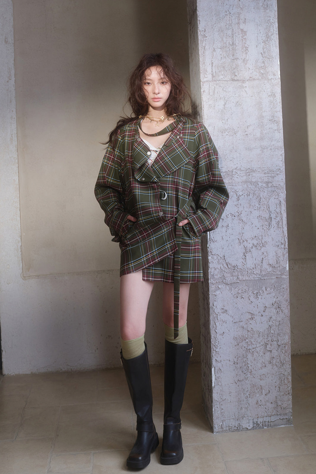 MXU Retro Plaid Deconstructed Trench Coat & Shorts Set