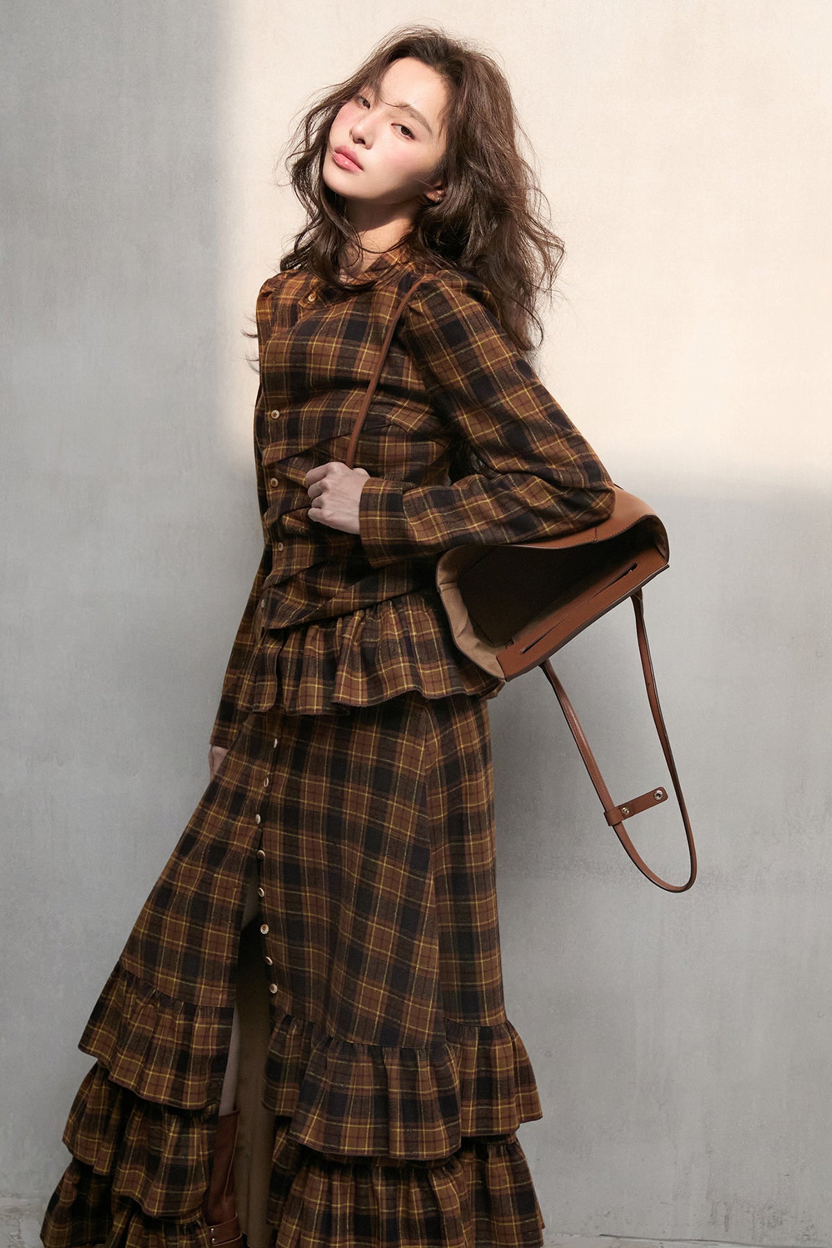 MXU Retro Plaid Pleated Shirt & Tiered Ruffle Maxi Skirt Set