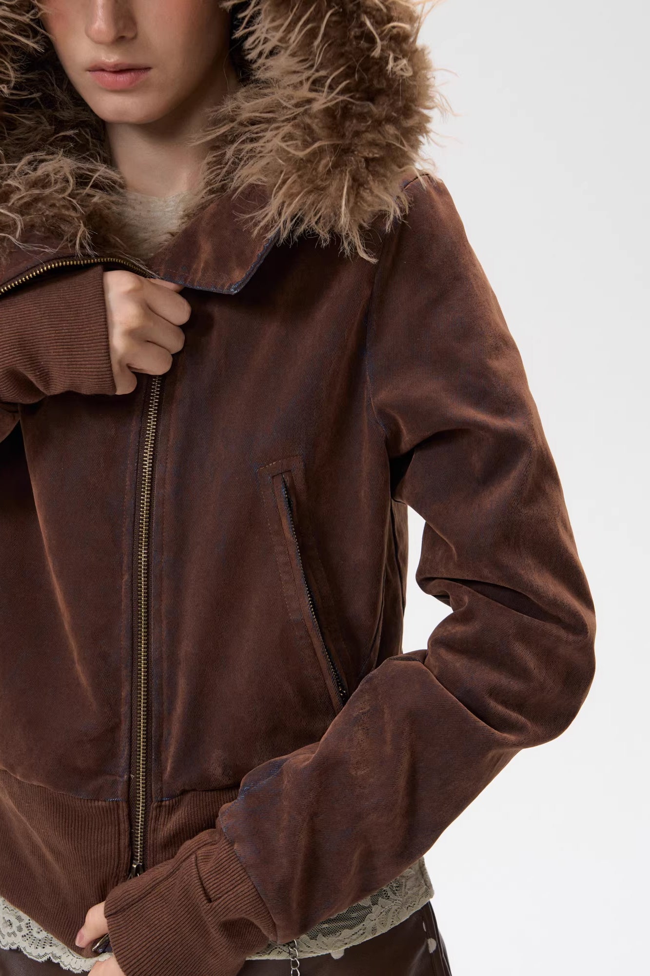 10AMSOTIIIIIIRED Sherpa-Lined Faux Fur Hooded Bomber Jacket