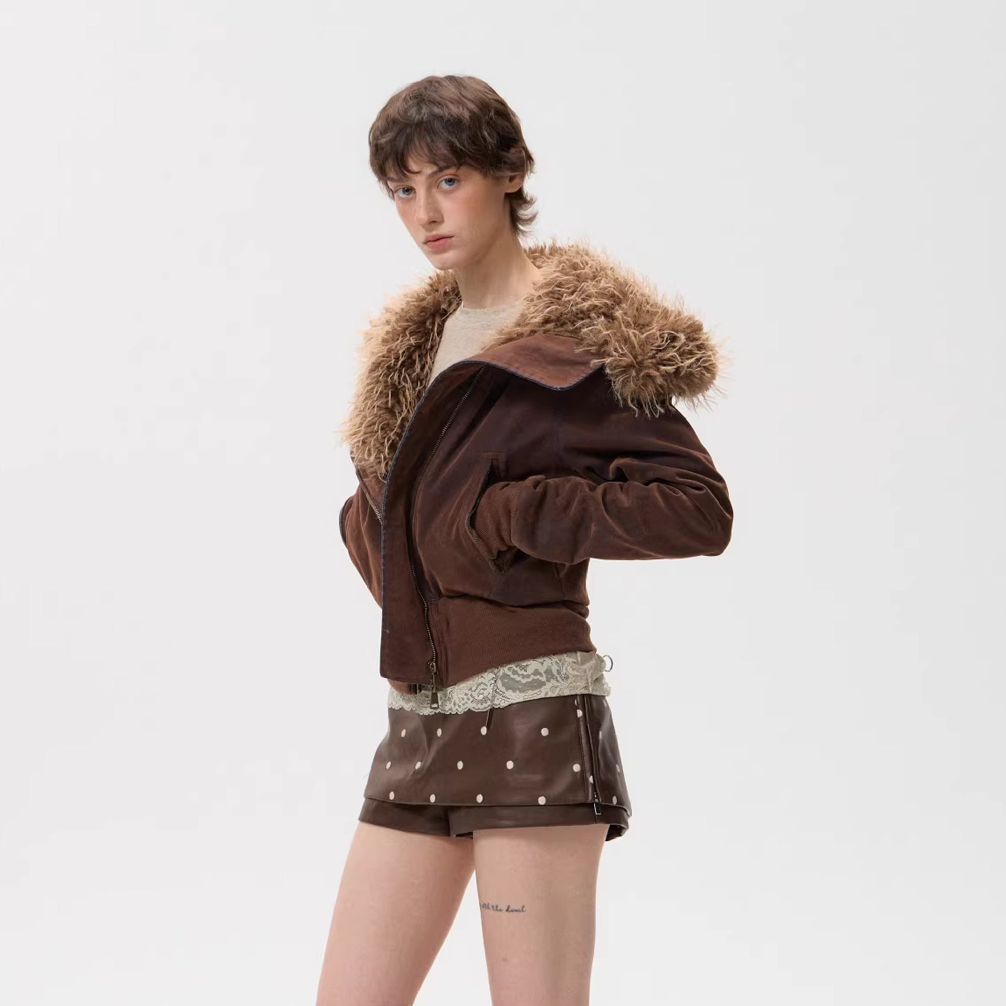 10AMSOTIIIIIIRED Sherpa-Lined Faux Fur Hooded Bomber Jacket