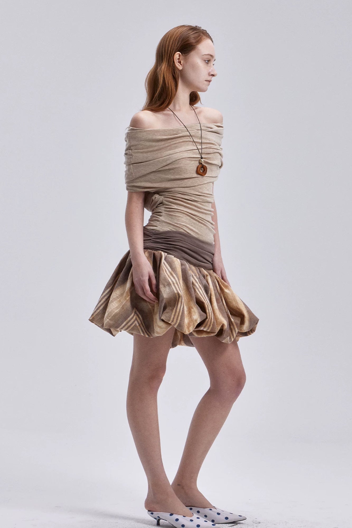 VERSION9 Off-Shoulder Ruched Bubble-Hem Mini Dress