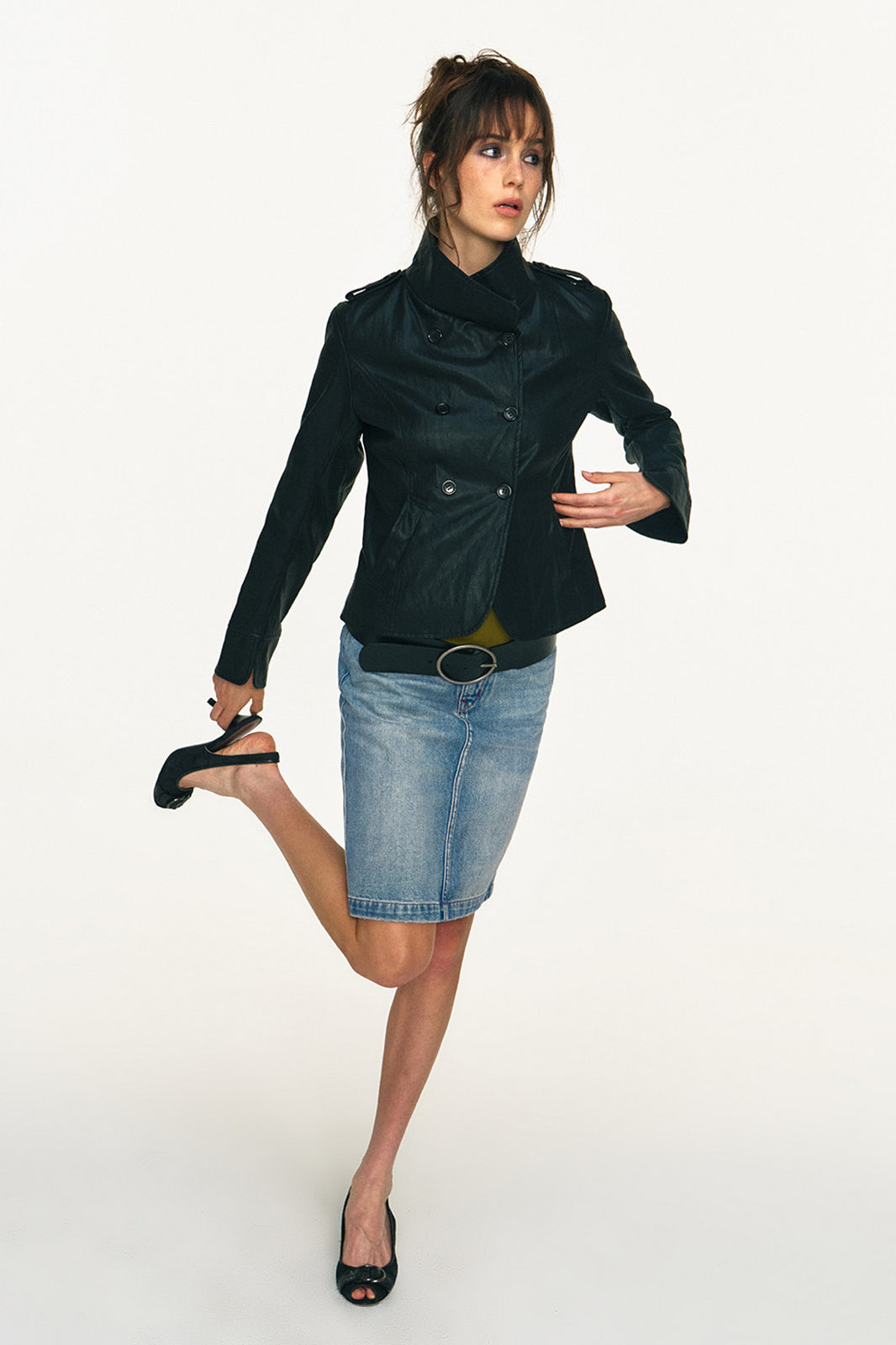 ANTENNA EFFECT Retro Double-Breasted Faux Leather Slim Jacket