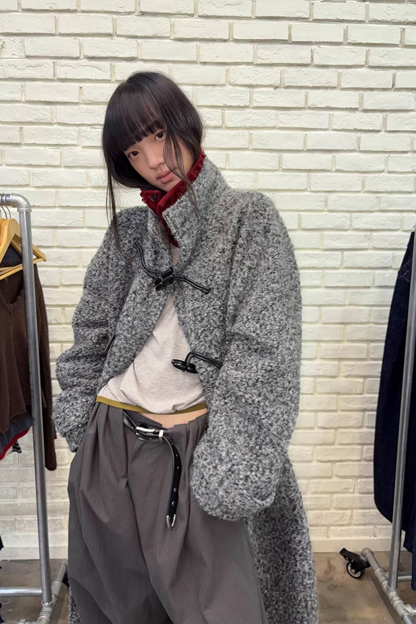 NEVERSEEZ Bouclé Wool-Blend Toggle Longline Coat