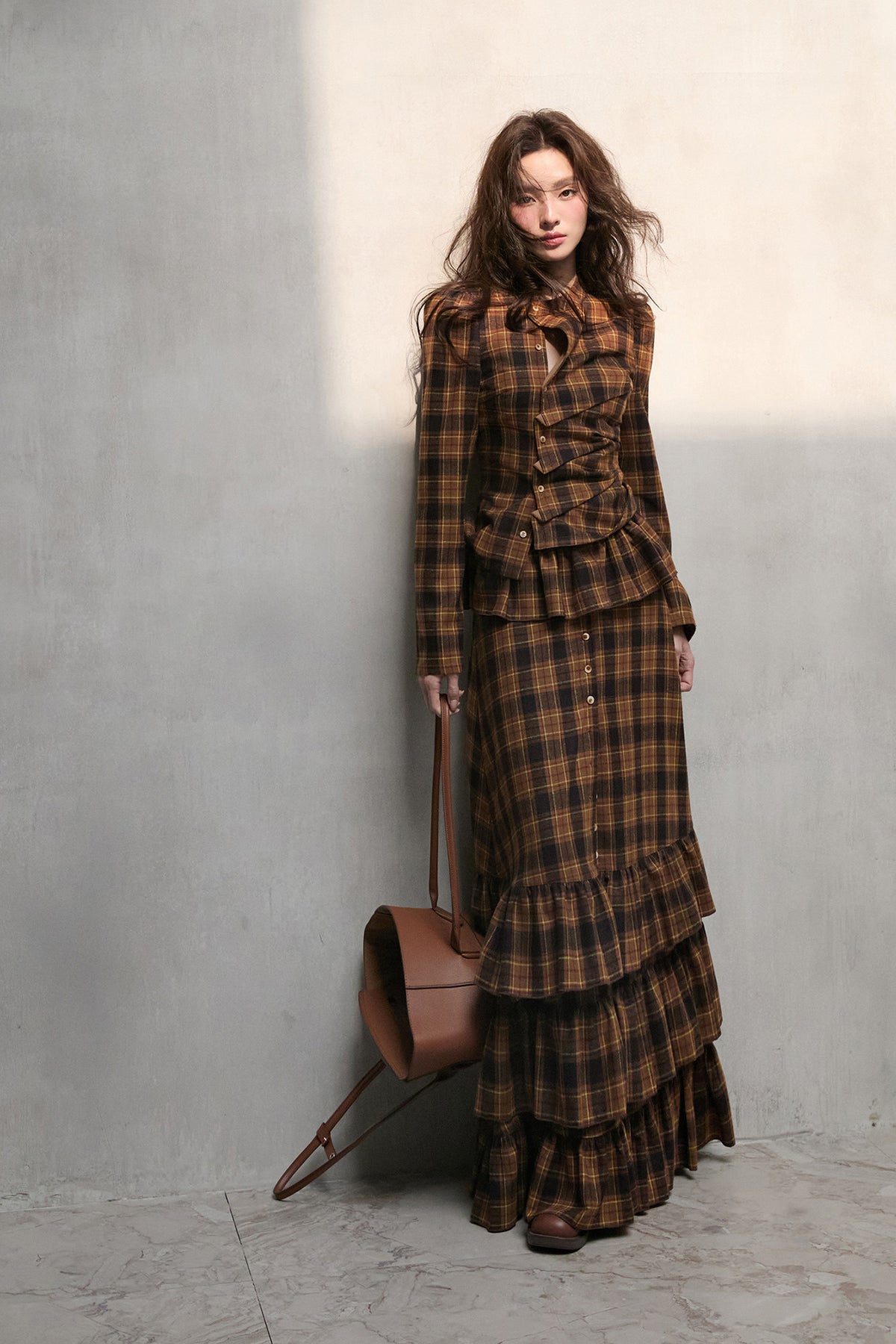 MXU Retro Plaid Pleated Shirt & Tiered Ruffle Maxi Skirt Set