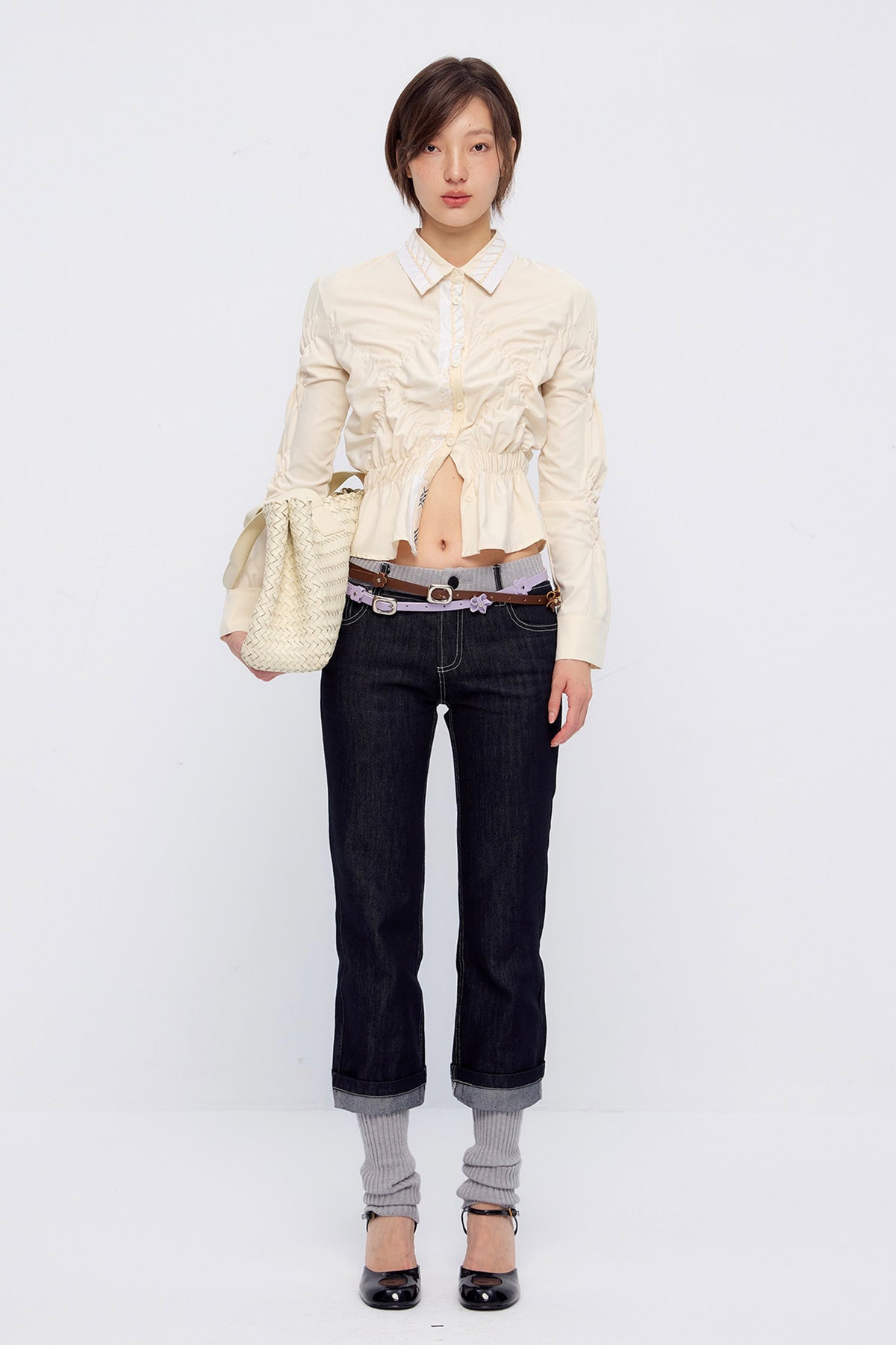 9266 STUDIO Asymmetrical Ruched Waist Shirt