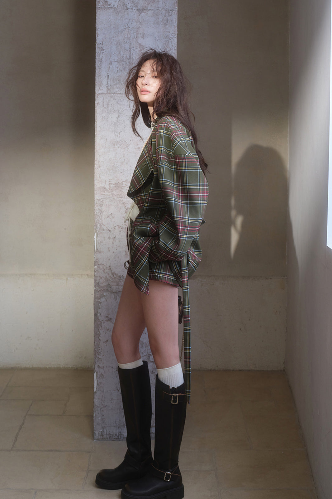 MXU Retro Plaid Deconstructed Trench Coat & Shorts Set