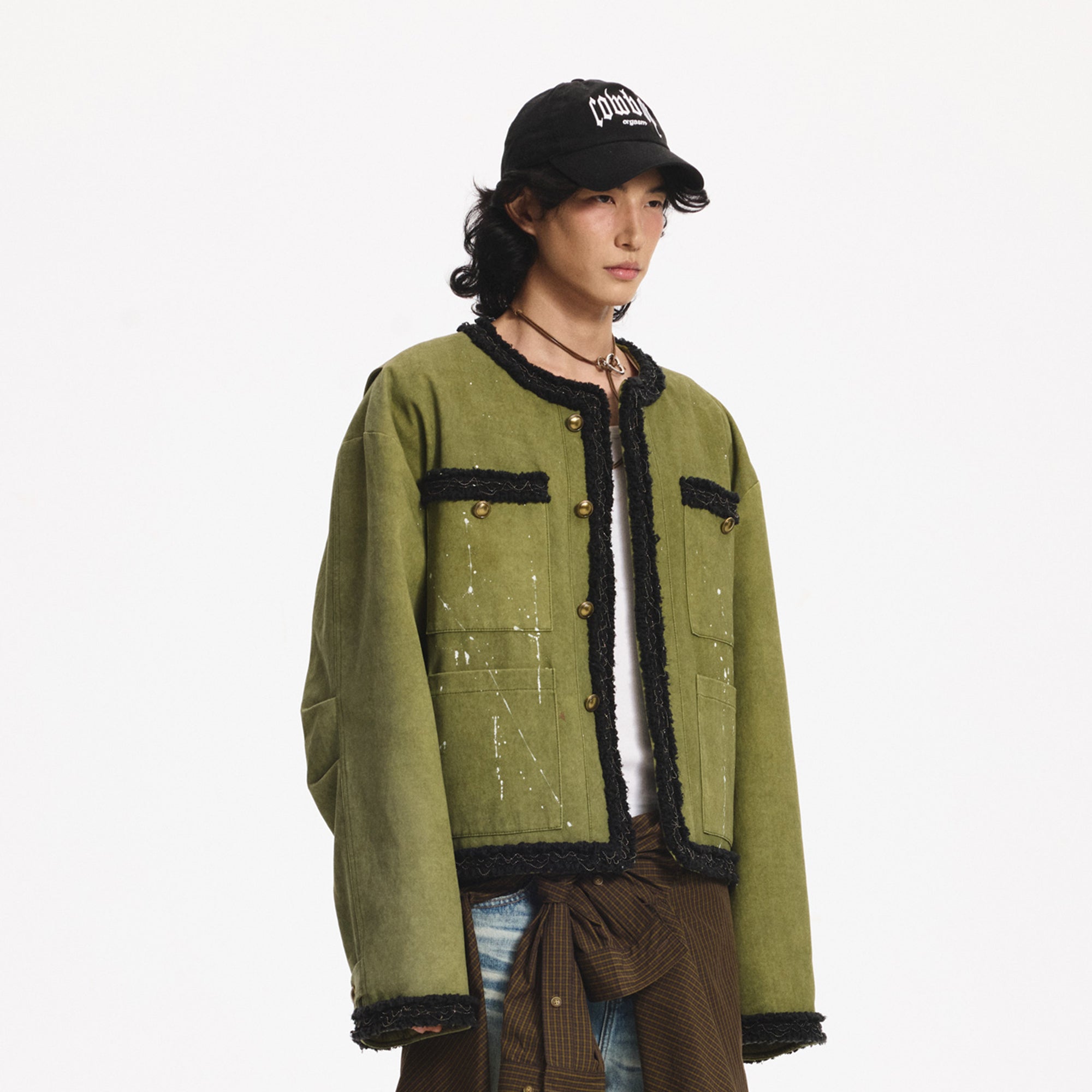 LEONSENSE Paneled Fleece Trim Paint-Splattered Jacket