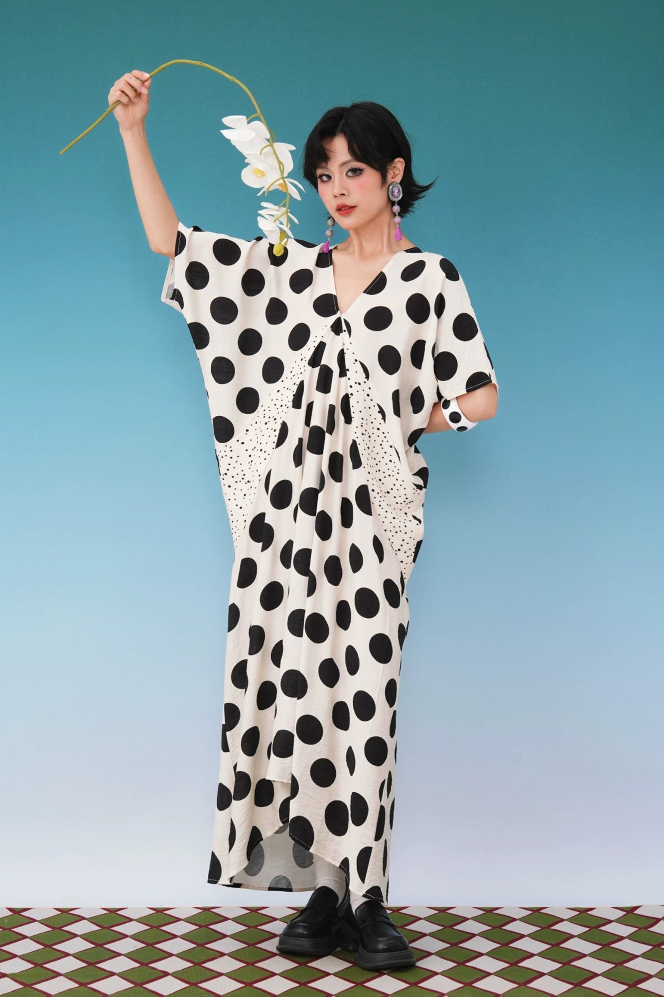 NOPMOB Spliced Polka Dot Draped Maxi Dress