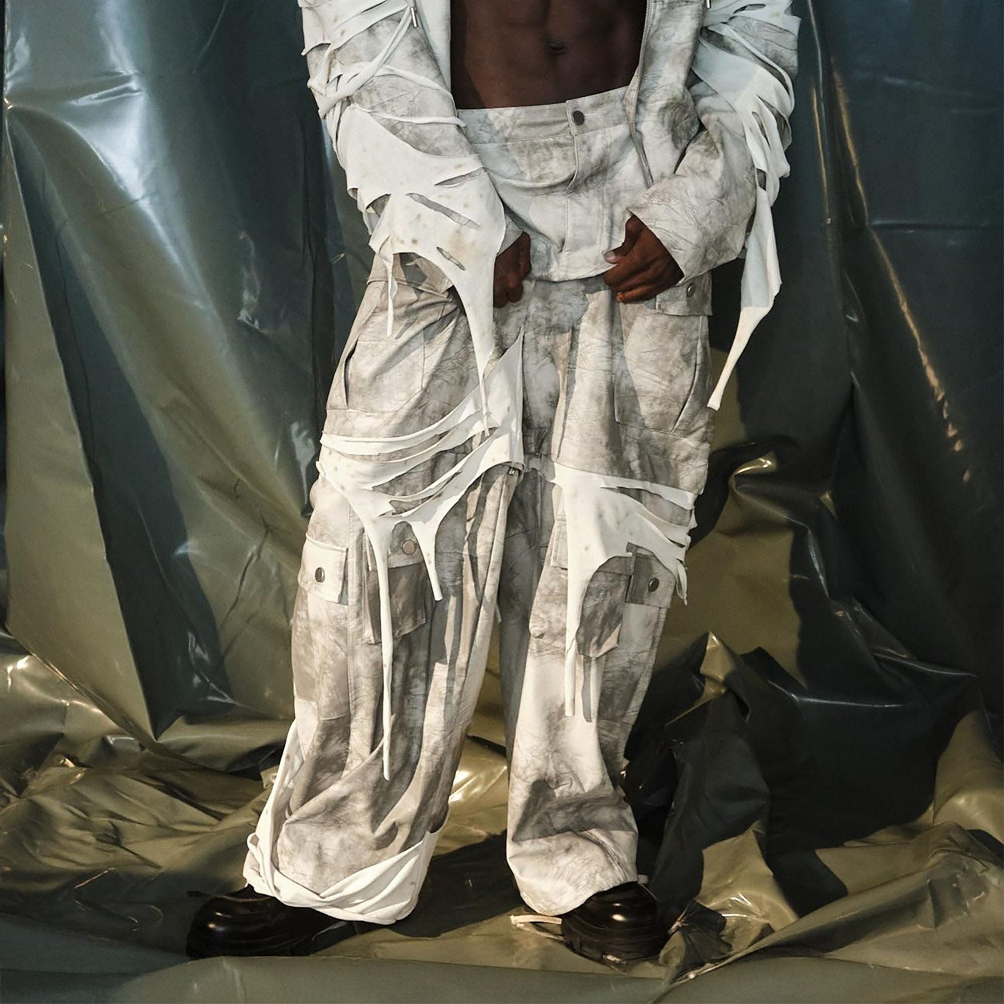 RECOVER ZONE Distressed Slashed PU Layered Cargo Pants, premium urban and streetwear designers apparel on PROJECTISR.com, RECOVER ZONE