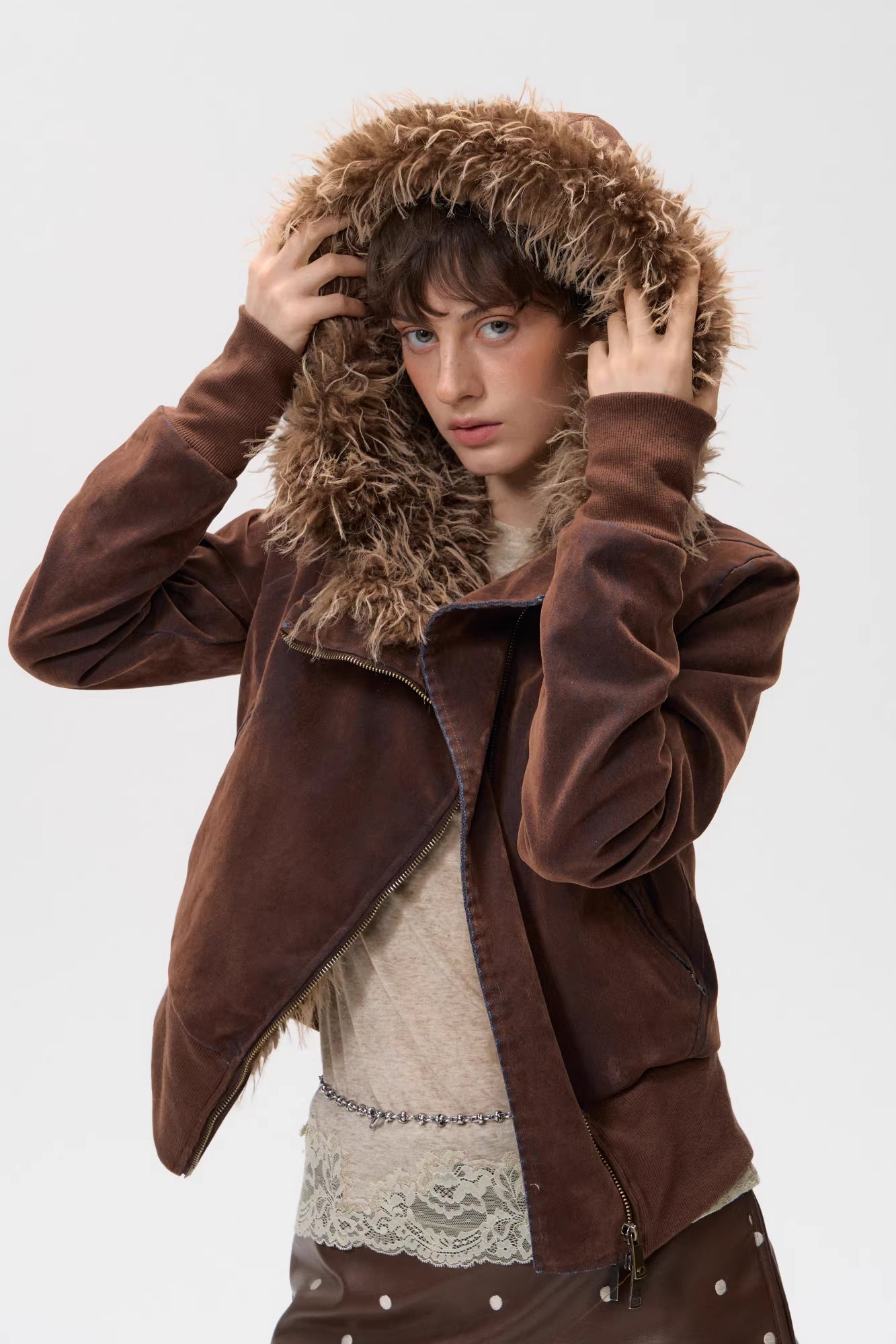 10AMSOTIIIIIIRED Sherpa-Lined Faux Fur Hooded Bomber Jacket