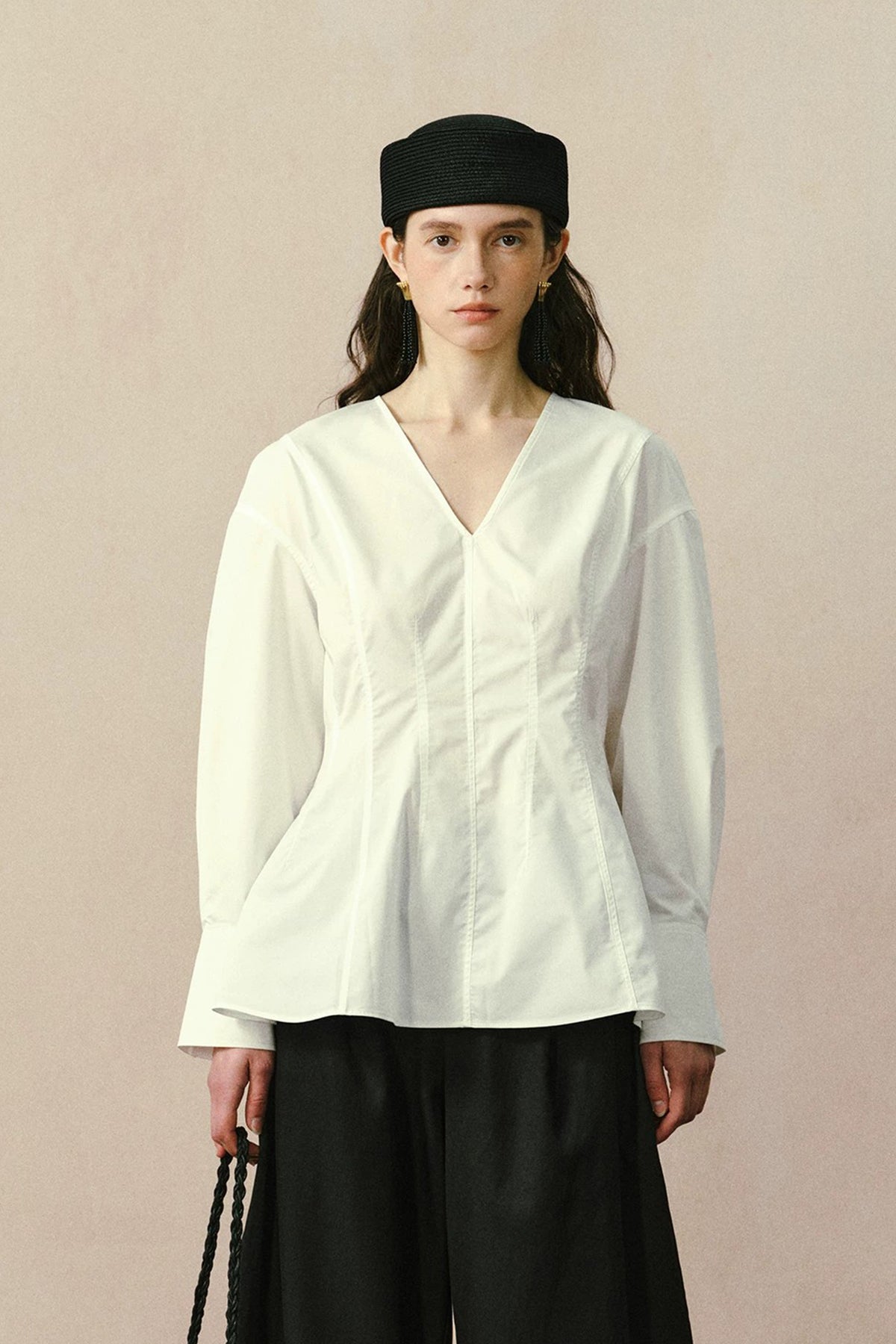 YUANYE Cinched-Waist V-Neck Bamboo-Blend Blouse