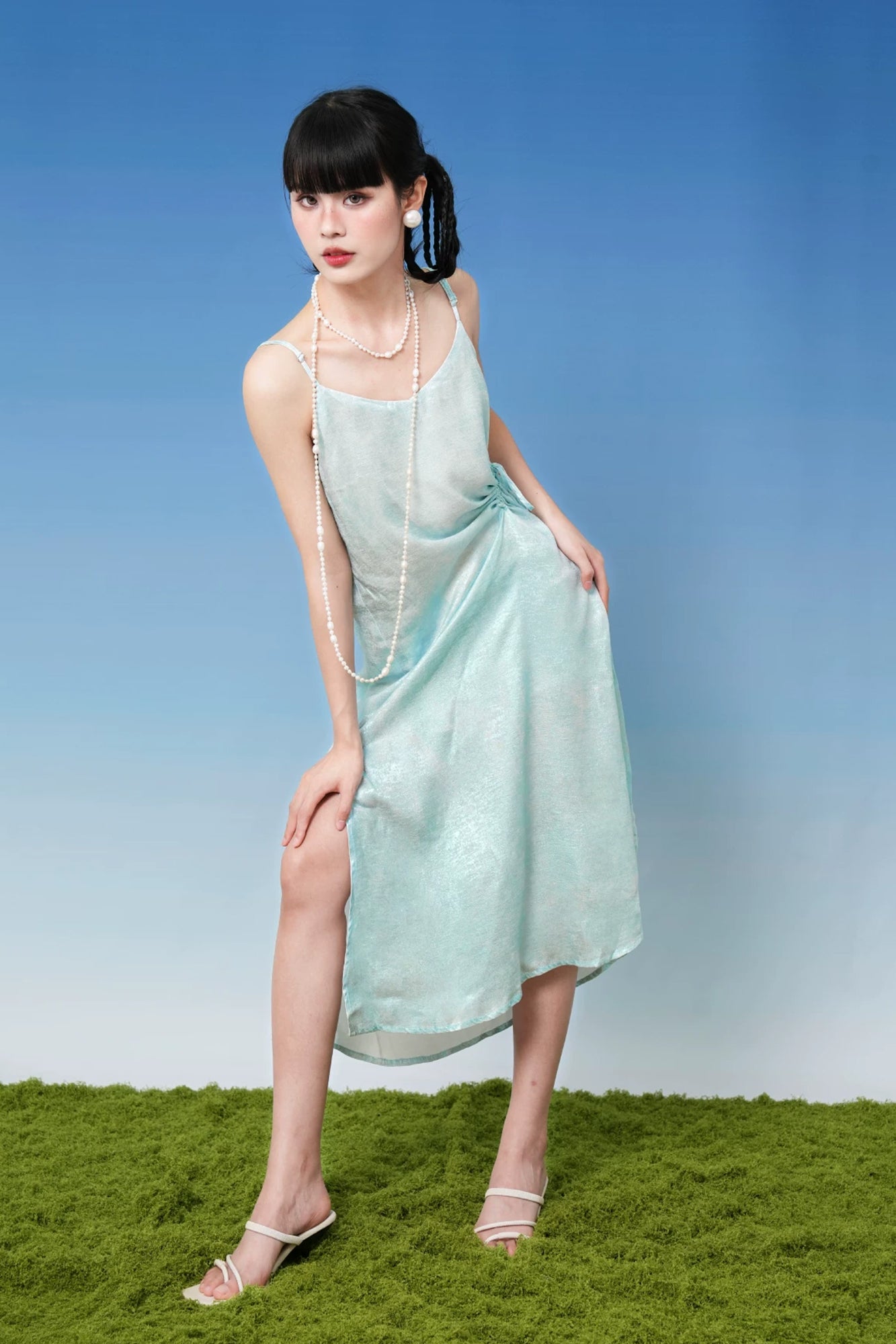 NOPMOB Satin Drawstring Ruched Slip Dress