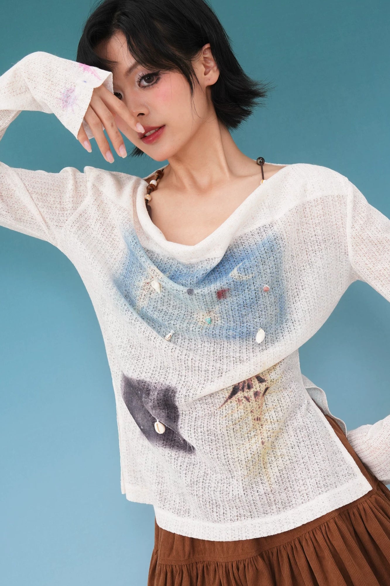 NOPMOB Shell Graphic Knit Top & Beaded Cami Set