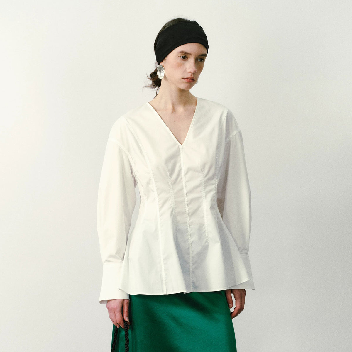YUANYE Cinched-Waist V-Neck Bamboo-Blend Blouse