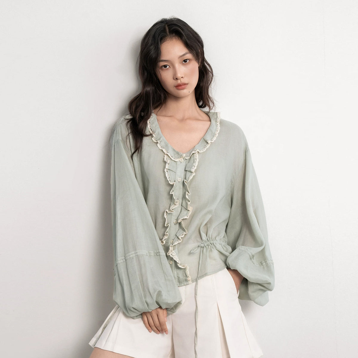 SAME FLOW Lace Trim Ruffle Drawstring Blouse